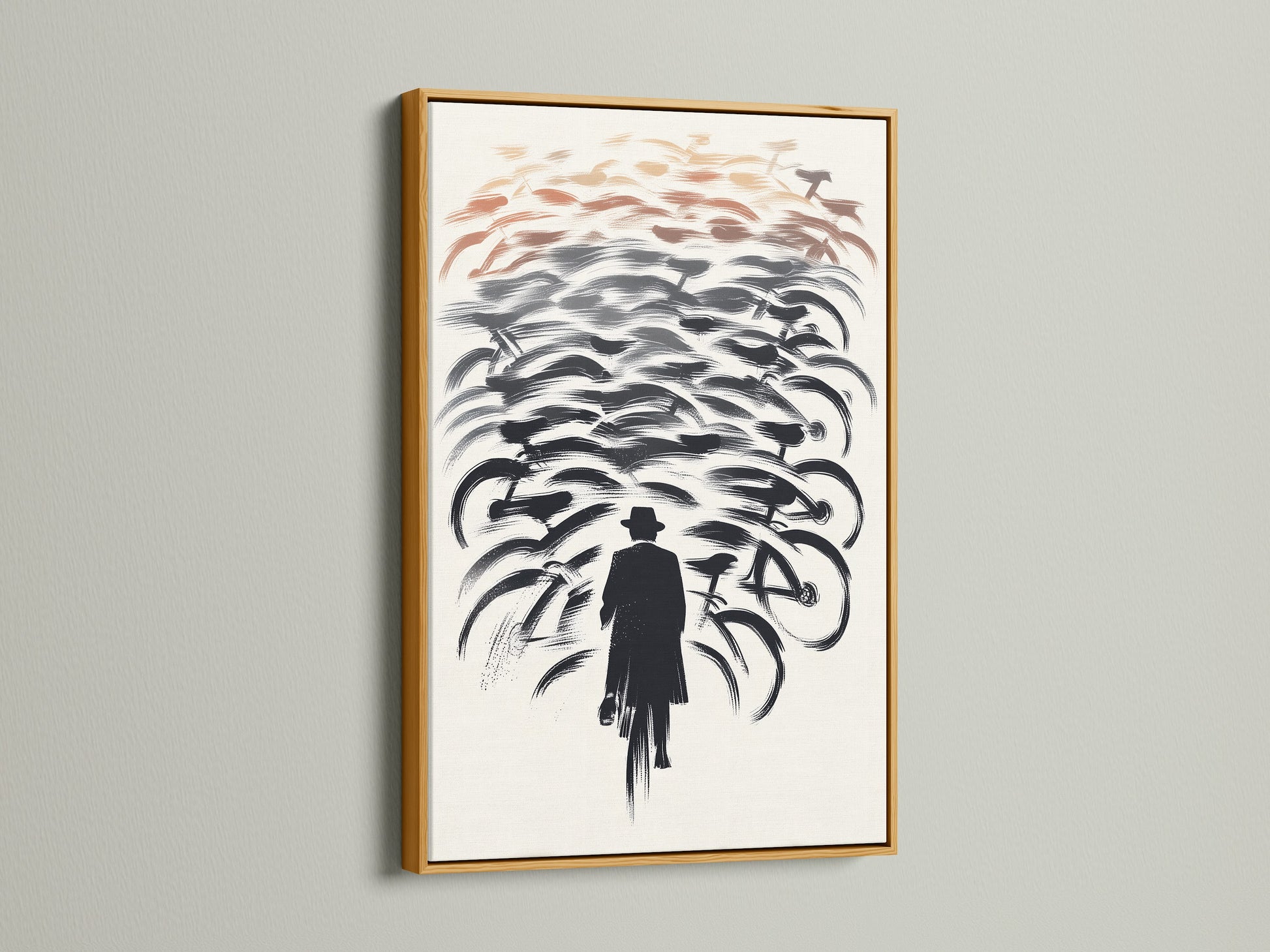 Add a touch of glamor with this gold framed bicycle artwork. See the abstract cycling poster of a man with bikes. This bikes wall art is perfect for elevating your living room wall art. Get your cycling print today.