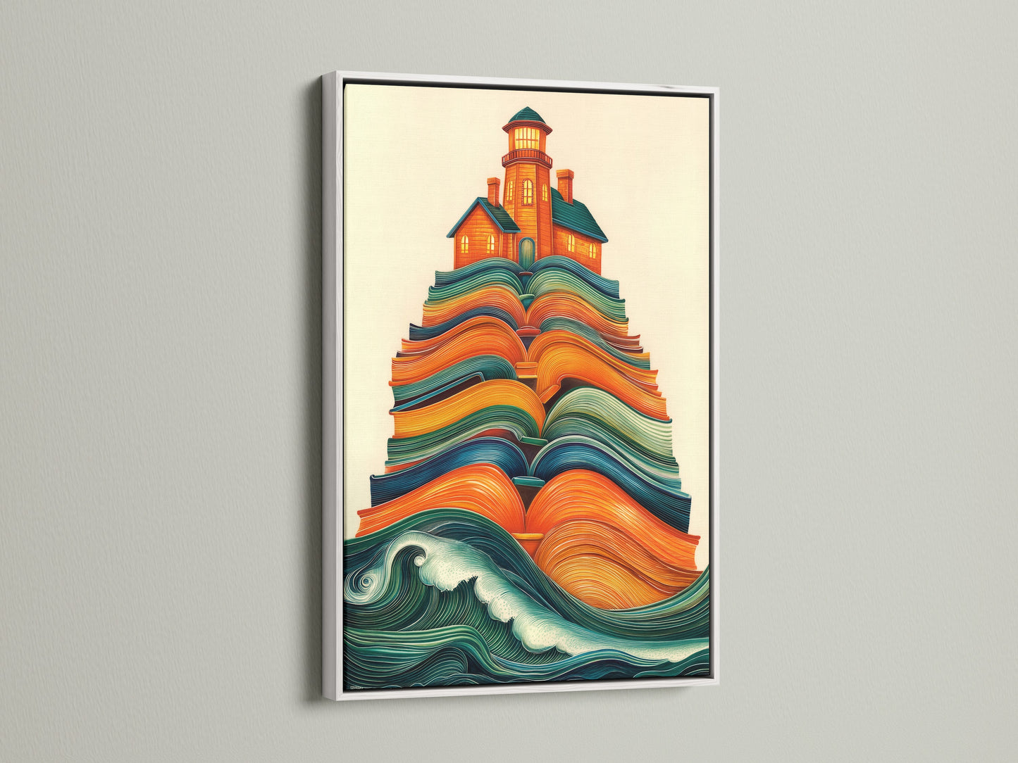Lighthouse on Books canvas artwork with a white frame. The white frame complements the whimsical decor. Ideal for adding a nautical touch to your living area. Find your perfect coastal artwork.