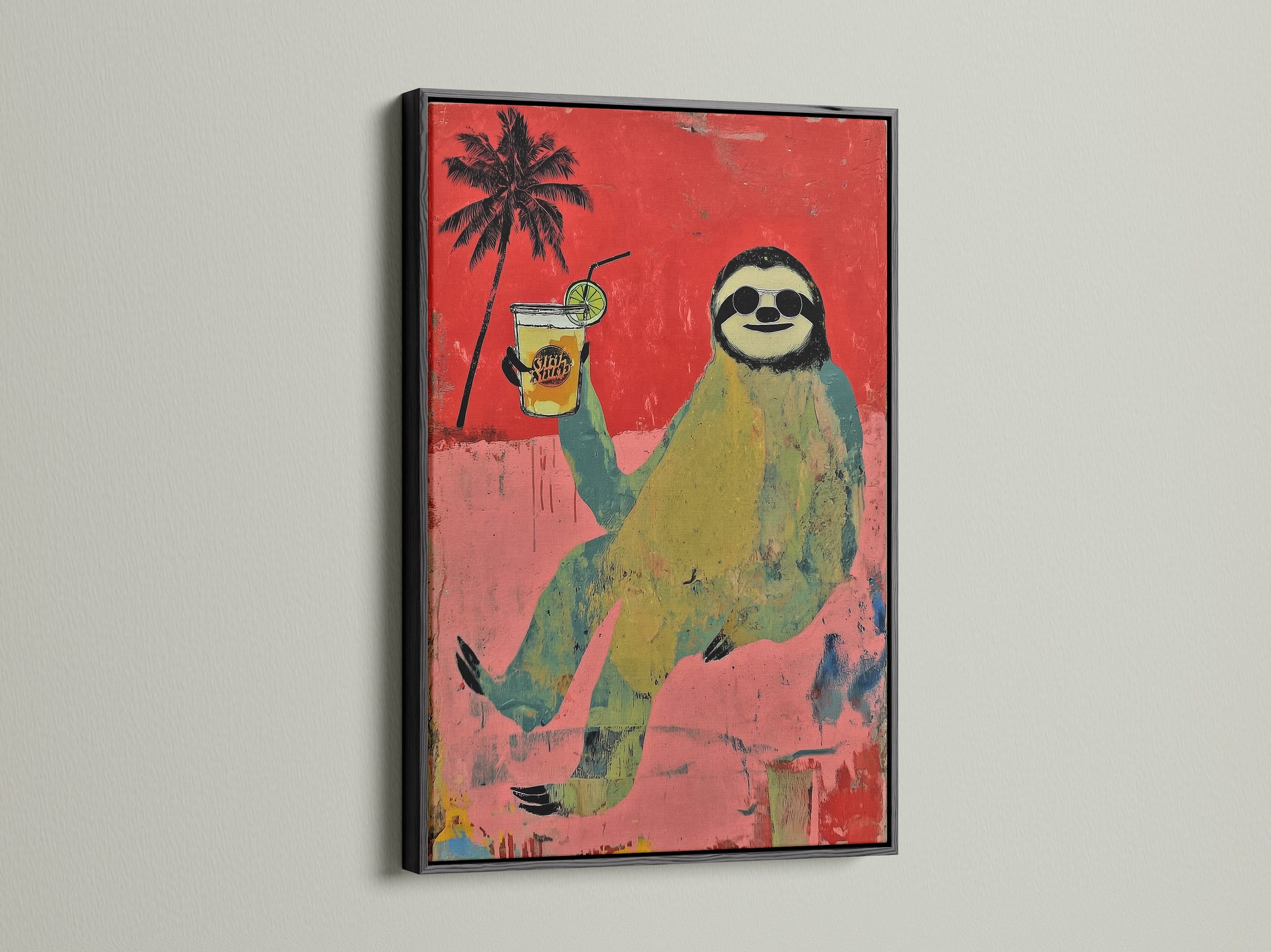 The black frame provides a sleek contrast to the sloth art. This piece is perfect for those who appreciate quirky wall art. The animal canvas art is a fun addition. This is suitable for themed bars or beachside cafes.
