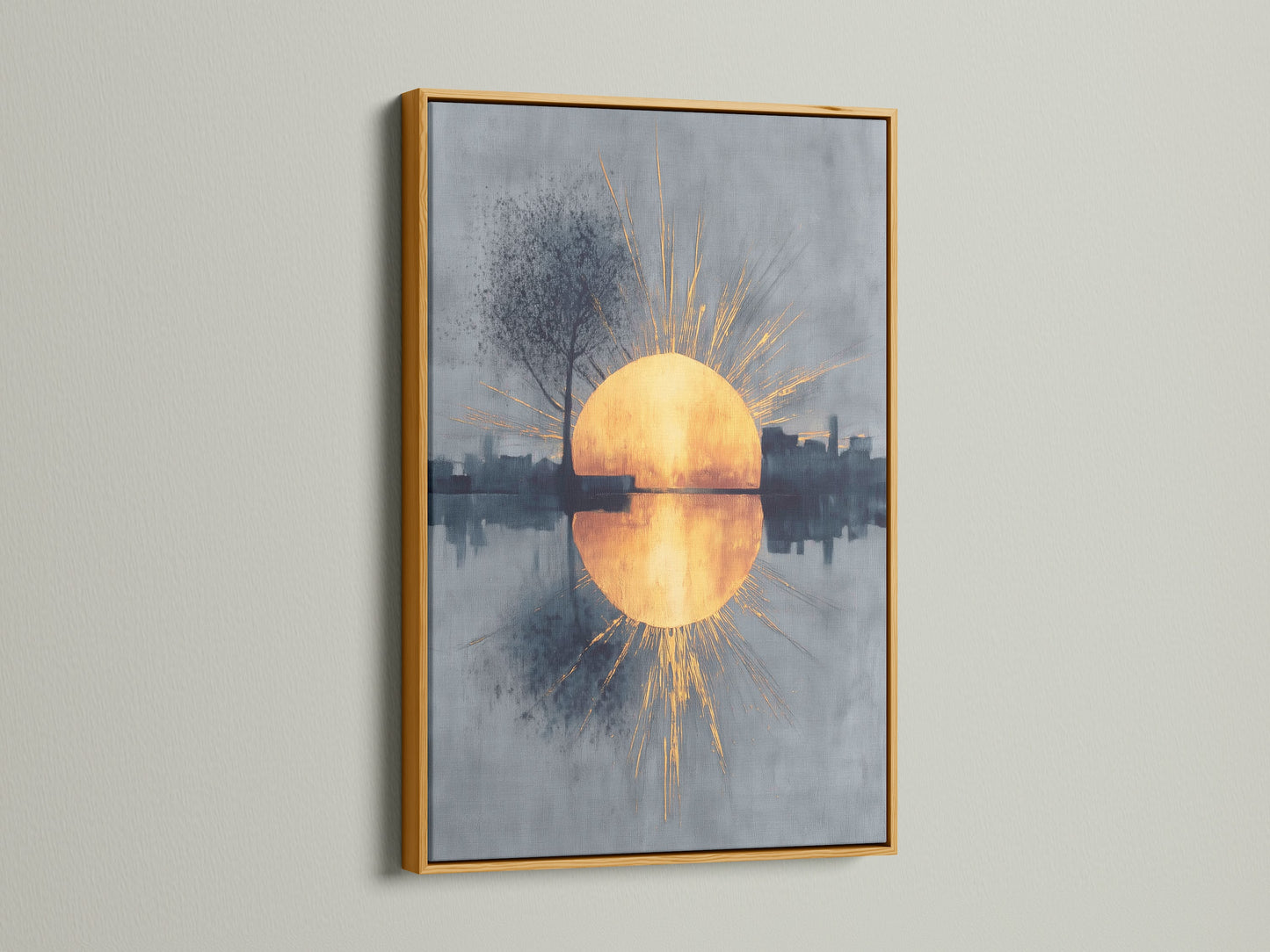 The sunrise reflection artwork is presented in a luxurious gold frame. The golden sun and abstract cityscape exude elegance. This modern wall art piece adds a touch of glamour to your home. A perfect choice for sophisticated decor.