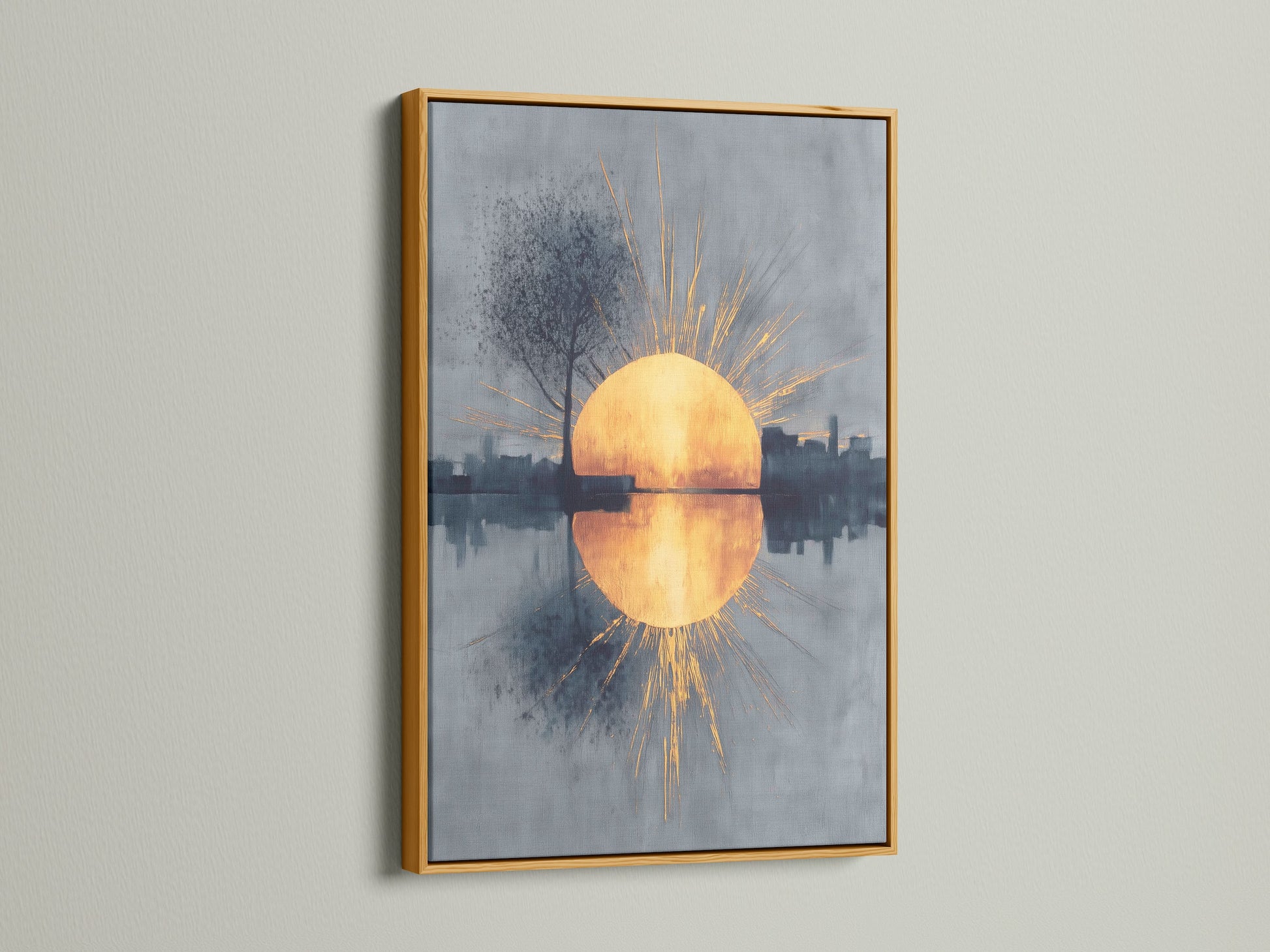 The sunrise reflection artwork is presented in a luxurious gold frame. The golden sun and abstract cityscape exude elegance. This modern wall art piece adds a touch of glamour to your home. A perfect choice for sophisticated decor.