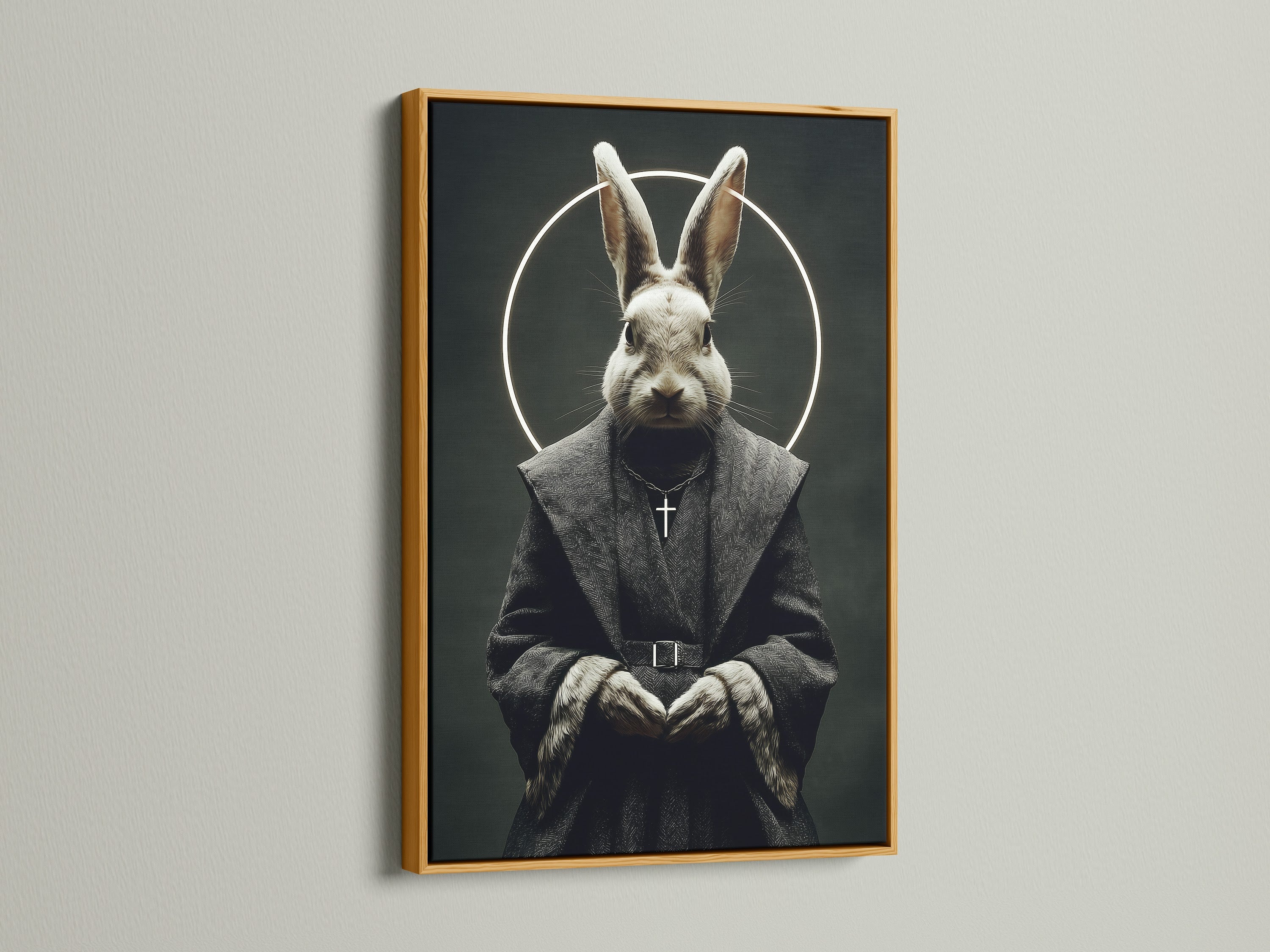 The rabbit monk art is presented in a gold frame. The metallic frame adds a touch of elegance to the gothic artwork. This religious art print is ideal for adding a unique accent. This animal portrait is a statement piece for any room.