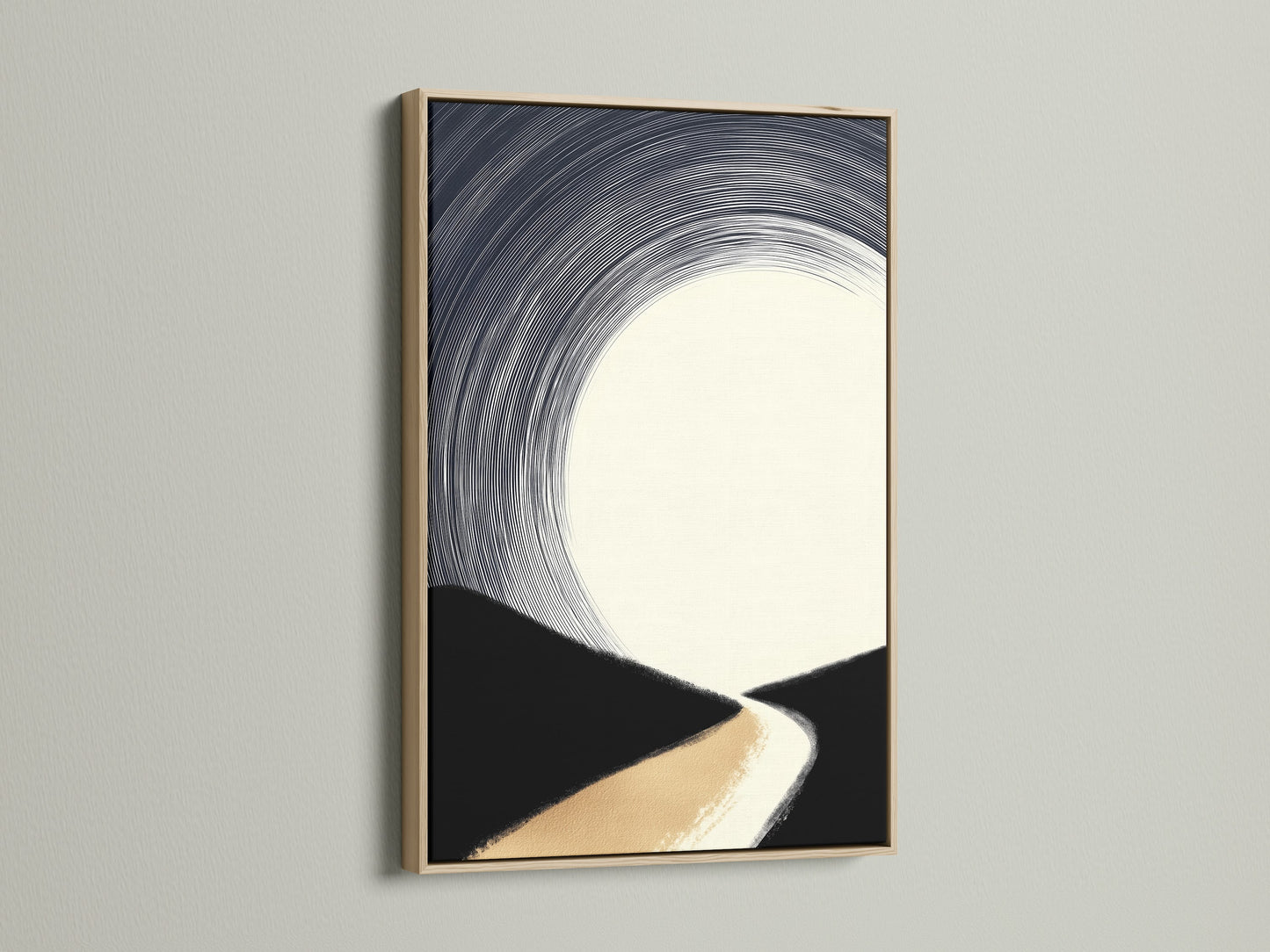 A close-up showcases an oak frame. It elegantly holds a minimalist artwork. The artwork features an abstract landscape in beige black and white. This combination creates a warm and inviting feel. Ideal for minimalist Scandinavian or coastal styled homes.