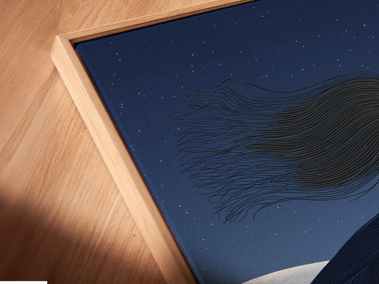 Angled close-up of a Mystical Woman canvas print in a floating frame. This contemporary style elevates any space. Ideal for studios lobbies clinics and cafes. The ethereal art features a woman with lantern. Find your perfect piece of spiritual artwork today.