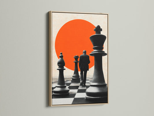 An oak Frame showcases a chess themed artwork. The art includes chess pieces and a person set against a bold red sun. This oak frame adds natural warmth to the artwork. It is perfect for any room.