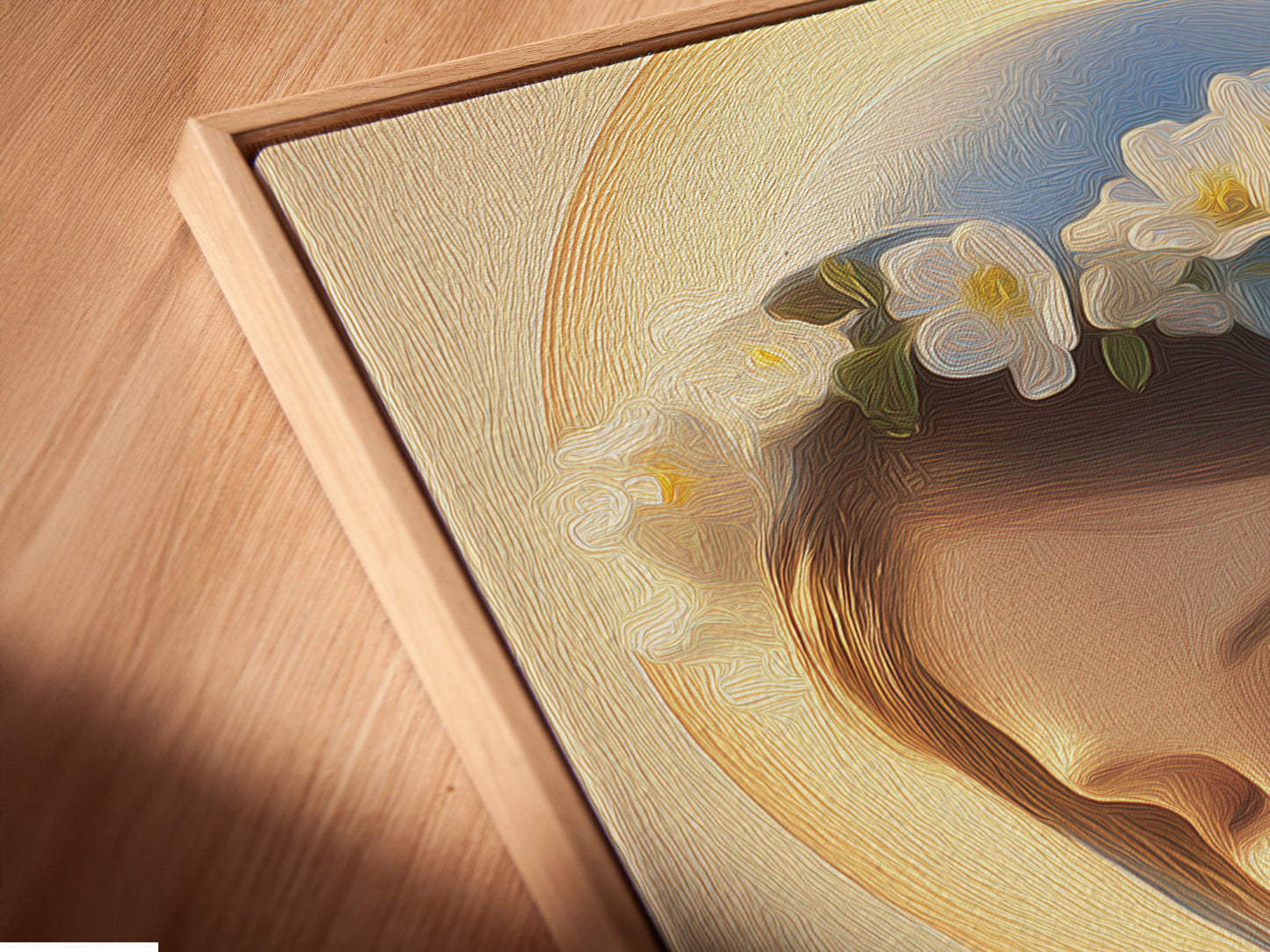 A close-up shot shows a canvas print in a floating frame. The angle highlights the texture and depth of the artwork. This framing option adds a modern touch to your religious wall art. The floating frame enhances the spiritual artwork. It provides a unique way to display your art.