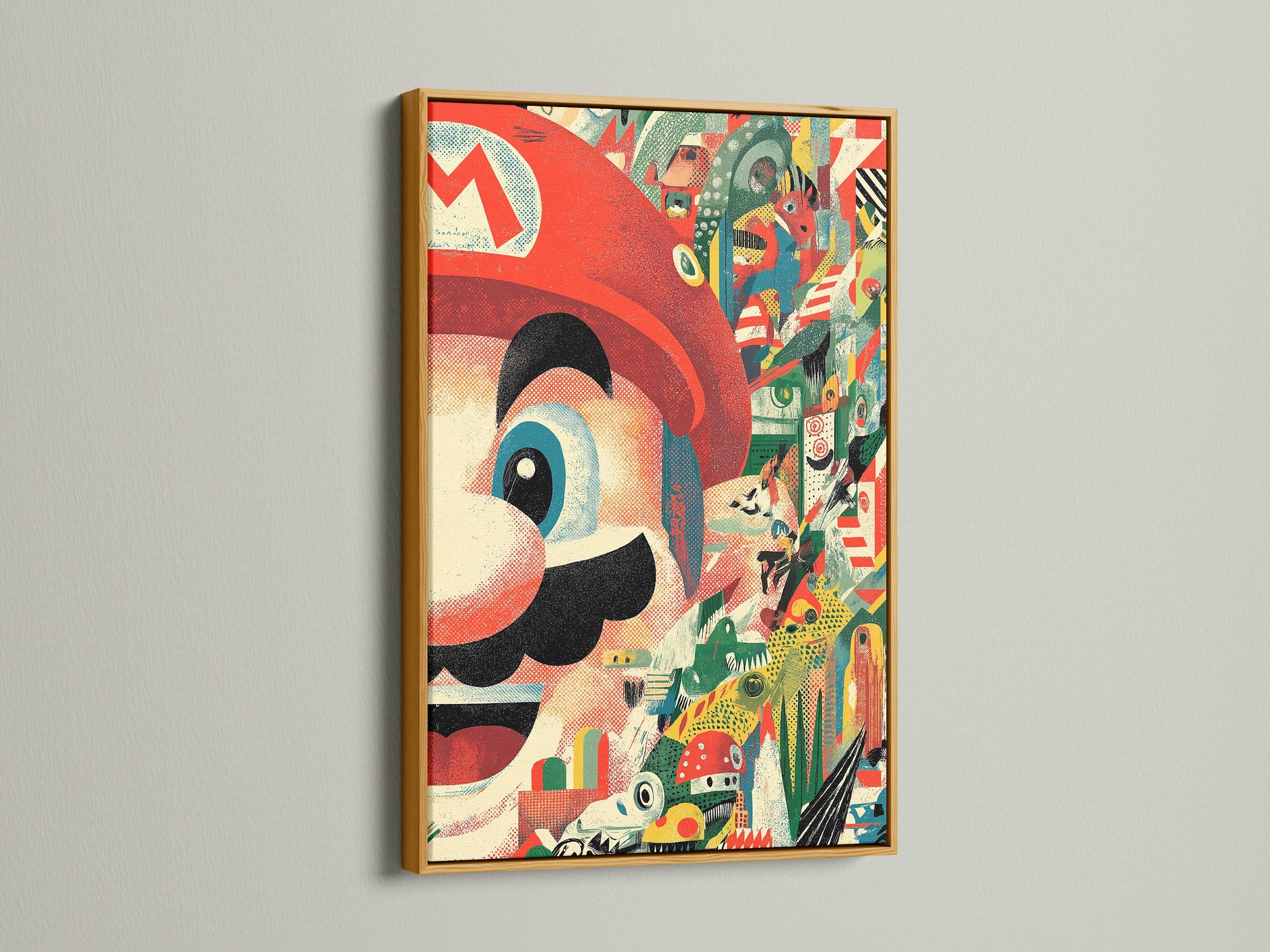 Add a touch of elegance with a gold frame to your Mario collage art print. The gold frame adds sophistication to the Nintendo canvas print. Ideal for a retro gaming art theme. A great addition to your game room decor.