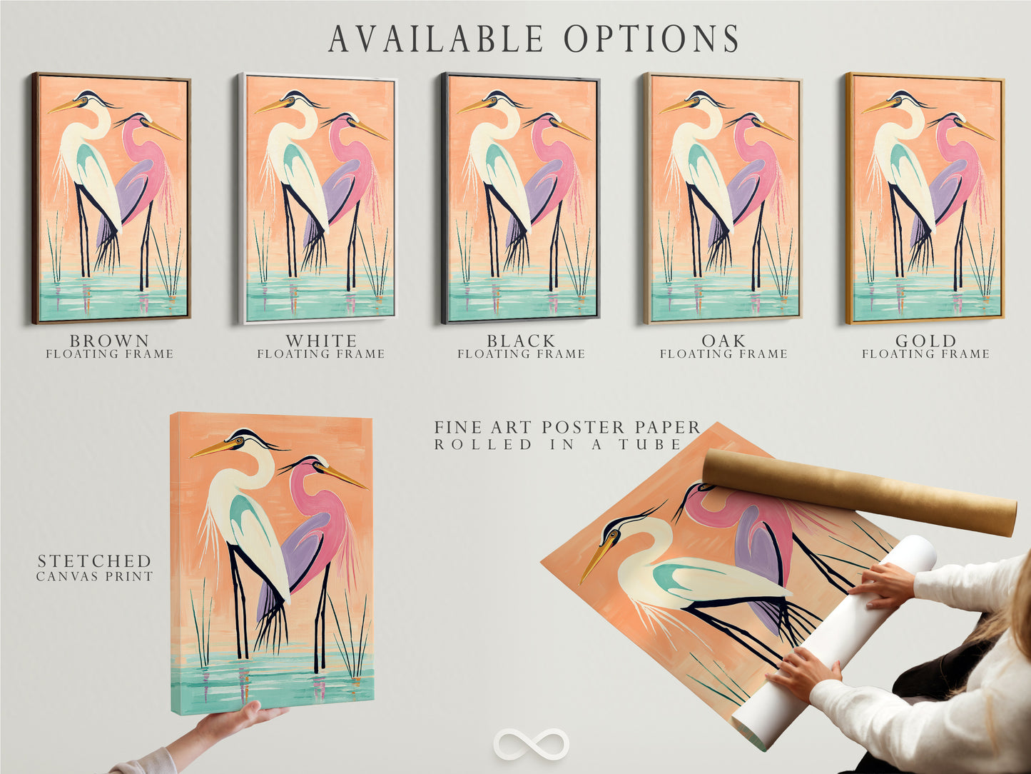 Explore available options for heron artwork including stretched canvas print fine art poster paper and floating frame. Each option offers a unique way to display this coastal bird art. This artwork is perfect for coastal minimalist or contemporary styles. It is perfect for homeowners renters interior designers and business owners.