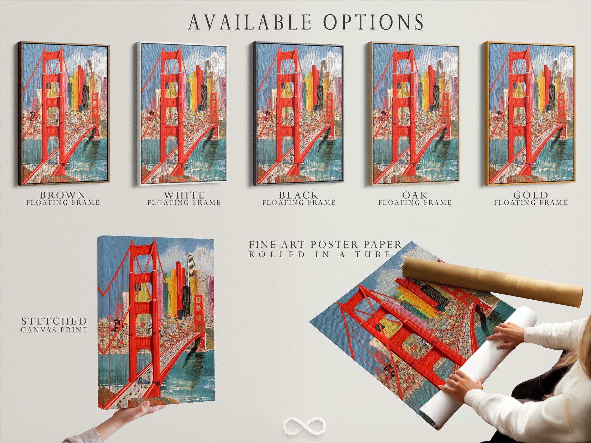 Explore available options for the Golden Gate Bridge artwork. Choose from a stretched canvas print fine art poster paper or a floating frame. Customize your San Francisco print to perfectly match your style and space. Elevate your wall art with these versatile choices.