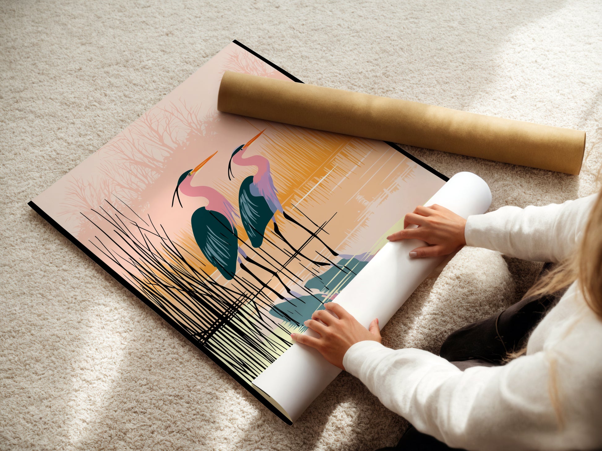 A woman rolling a fine art poster paper print of the heron artwork. This high-quality paper showcases the pink and teal colors. Ideal for framing or displaying as a poster. Perfect for bird enthusiasts and nature lovers.