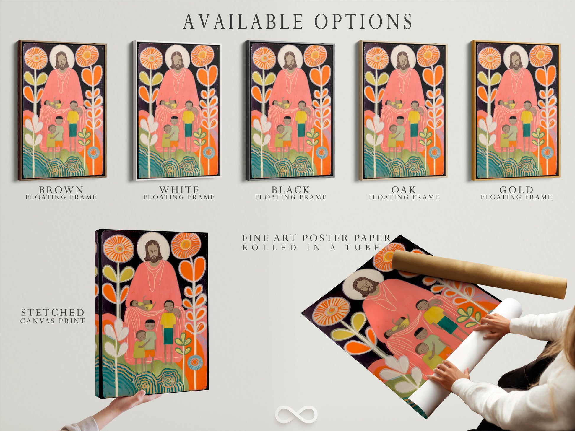 Available options for art prints are displayed here. Options include a stretched canvas print fine art poster paper and a floating frame. Choose the perfect format to suit your style. Customize your artwork today for the perfect look.