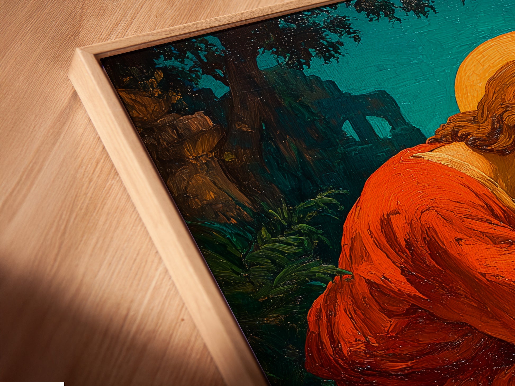 This is a close-up of a canvas print in a floating frame. The floating frame adds a unique touch. It enhances the artwork. The canvas print appears to float. This framing style is modern and stylish. The artwork is eye-catching. The frame is a distinctive choice. It will elevate any art piece.