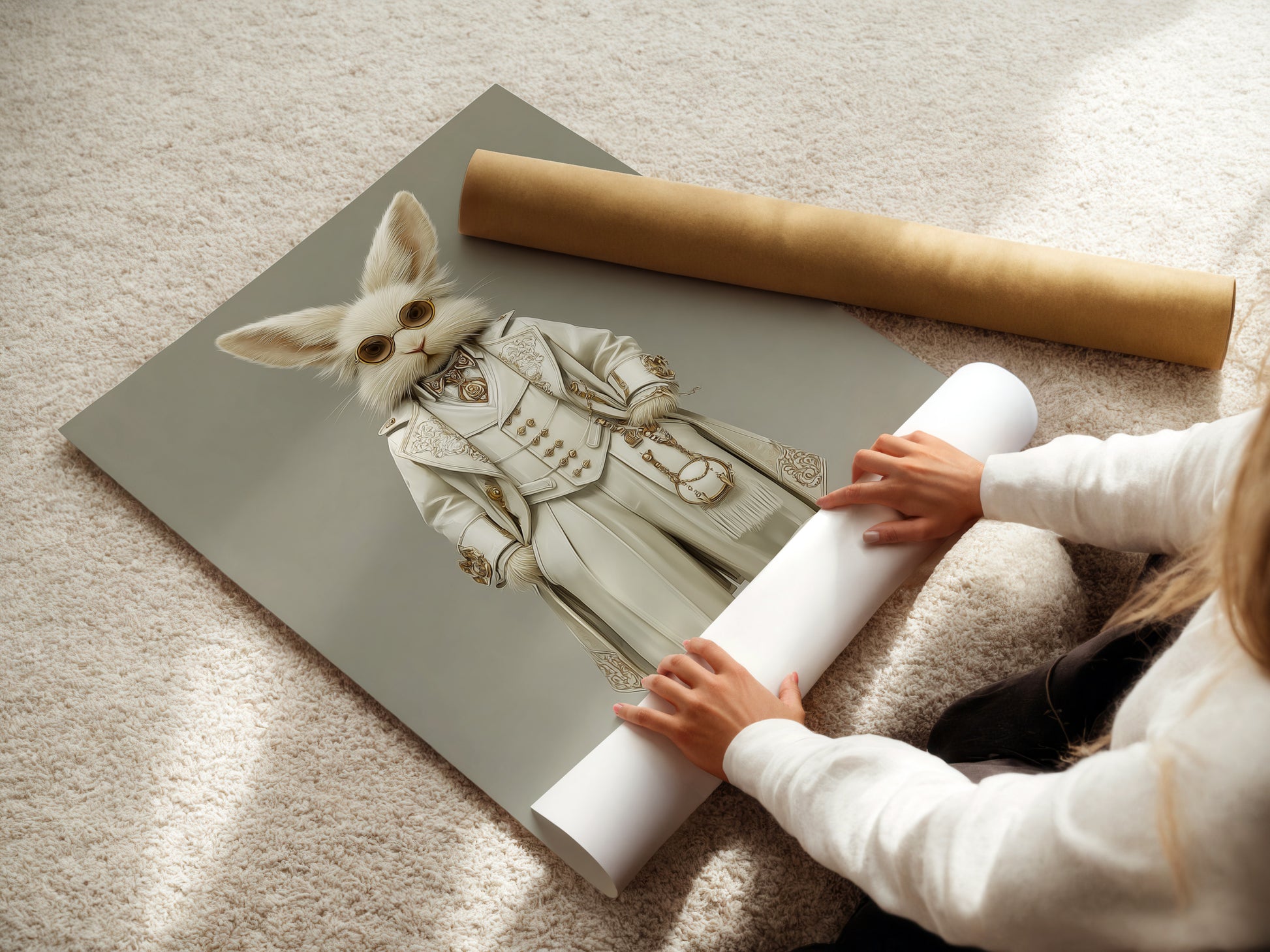 A woman rolls a fine art poster paper. High-quality fine art paper ensures a crisp print. This Victorian Steampunk Rabbit artwork is ready to frame. Fine art paper enhances the artwork's detail. This is a great option for those who prefer flexibility in framing.