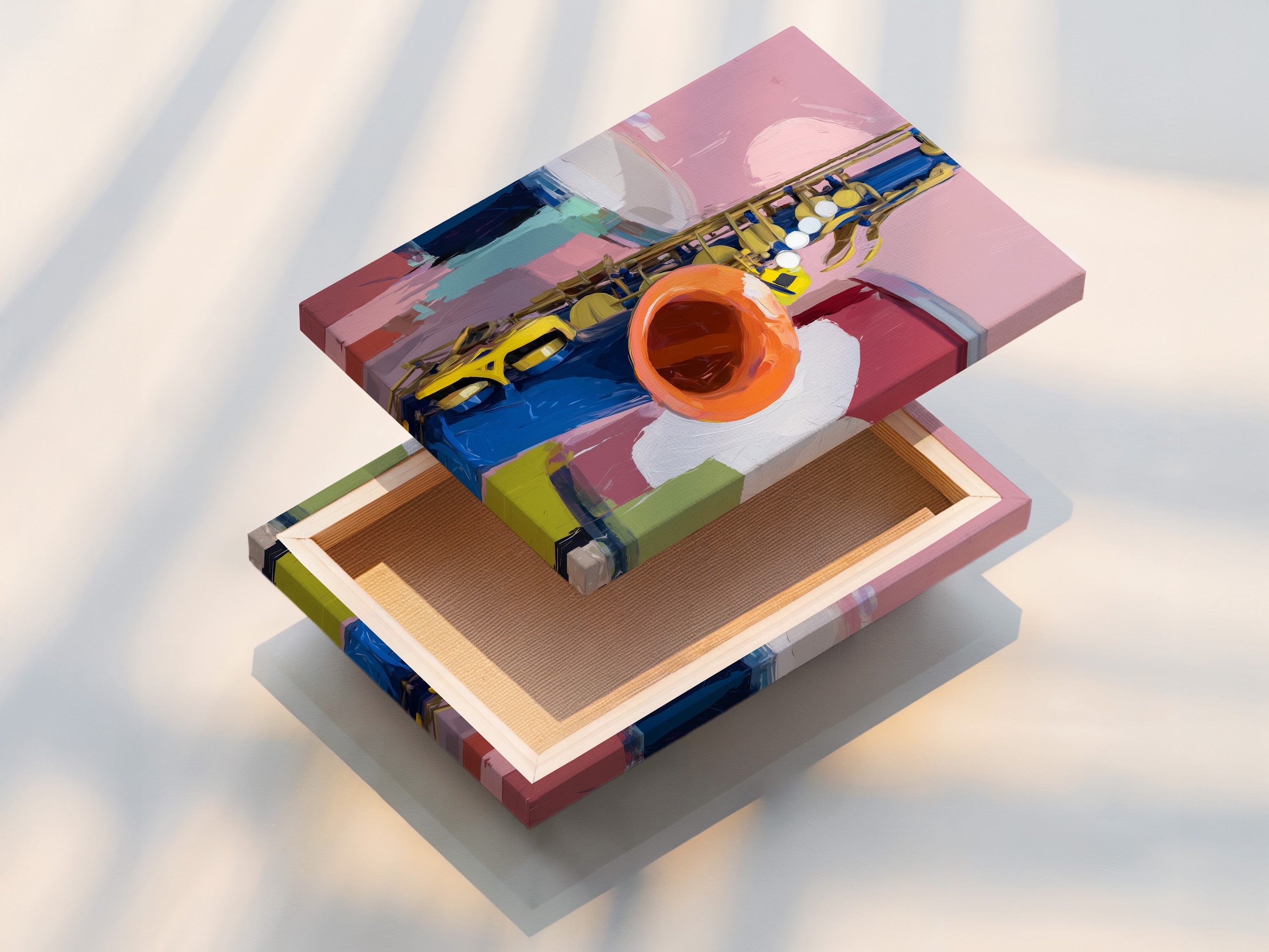 The image shows a stretched canvas print of the saxophone artwork. The artwork is ready to hang. The modern jazz art is a vibrant addition to any room. This musical instrument poster is perfect for studio decor. This piece is ideal for music lovers and teachers.