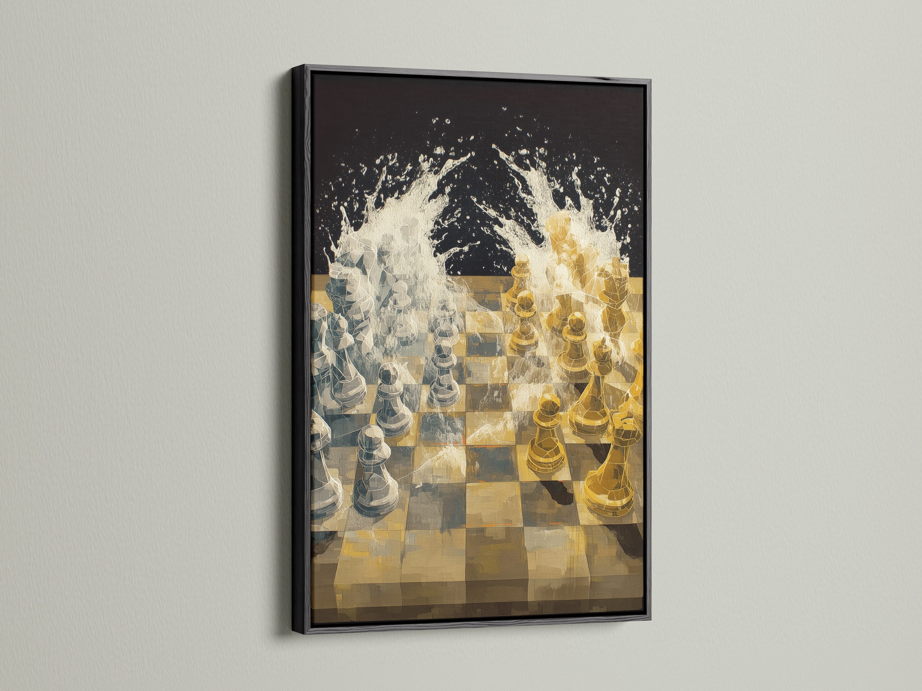 Add depth and sophistication with this chess game canvas print. The black frame creates a striking contrast. It highlights the abstract details of the artwork. A perfect choice for business owners looking for impactful boardroom decor.