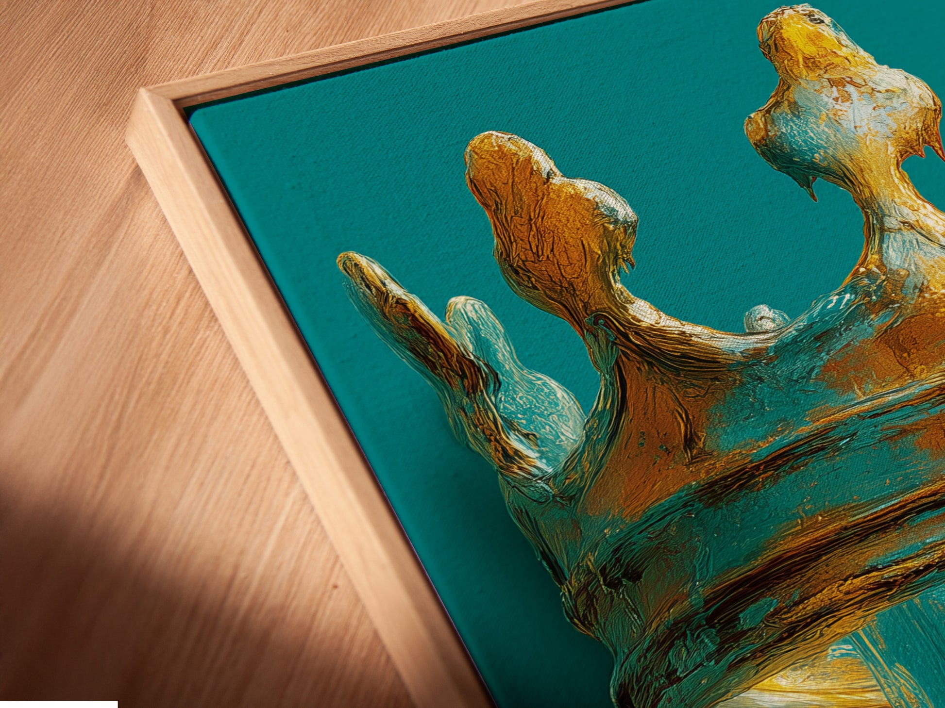 Angled close up of a canvas print in a floating frame. The artwork features a crown with dripping paint or glaze. The colors are gold blue and teal. The floating frame gives the art a modern gallery look. This artwork is ready to hang and enjoy.