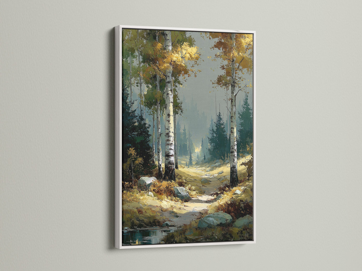 Birch Forest nature artwork with a white frame. The autumn landscape enhances any room's decor. This forest wall art brings a serene touch to your space. It complements both rustic and modern interiors. Imagine this beautiful nature trail print in your home. It's ideal for bedroom wall decor.