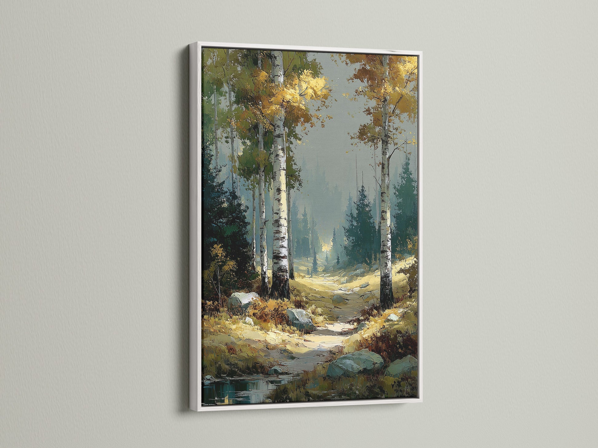 Birch Forest nature artwork with a white frame. The autumn landscape enhances any room's decor. This forest wall art brings a serene touch to your space. It complements both rustic and modern interiors. Imagine this beautiful nature trail print in your home. It's ideal for bedroom wall decor.