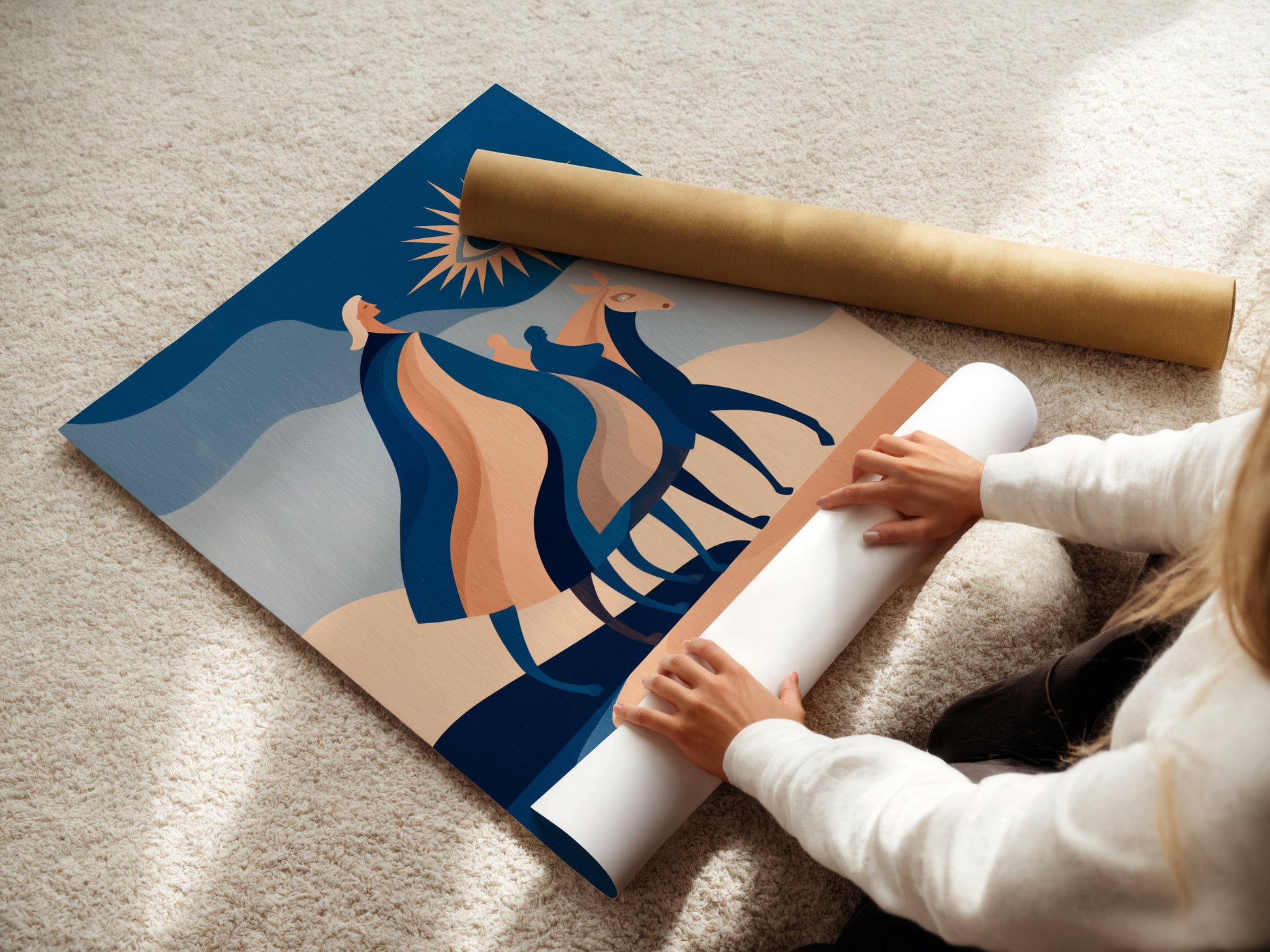 A woman is carefully rolling a fine art poster paper. The paper features modern abstract horse art. The blue terracotta colors create a beautiful boho aesthetic. This fine art poster is perfect for adding a touch of contemporary style to your space. It is suitable for various interior styles