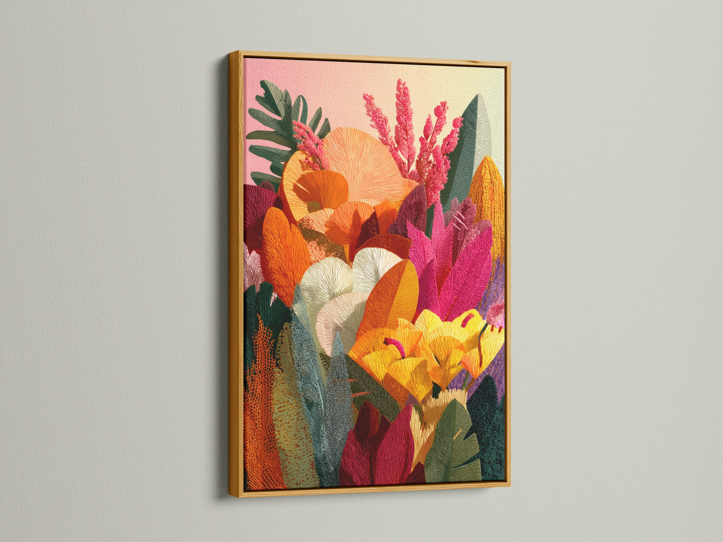 A beautiful floral artwork is featured in a gold frame. The gold frame adds a touch of luxury and elegance to the artwork. The artwork features a bright color palette. This framed piece can elevate the look of any room. It is a stylish addition.