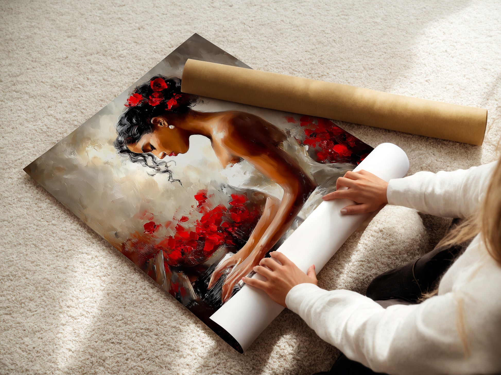 A woman is carefully rolling a fine art poster paper. She handles the delicate paper with care. This ensures the artwork remains pristine. The poster paper is high-quality. This protects the artwork's integrity. She prepares it for framing.