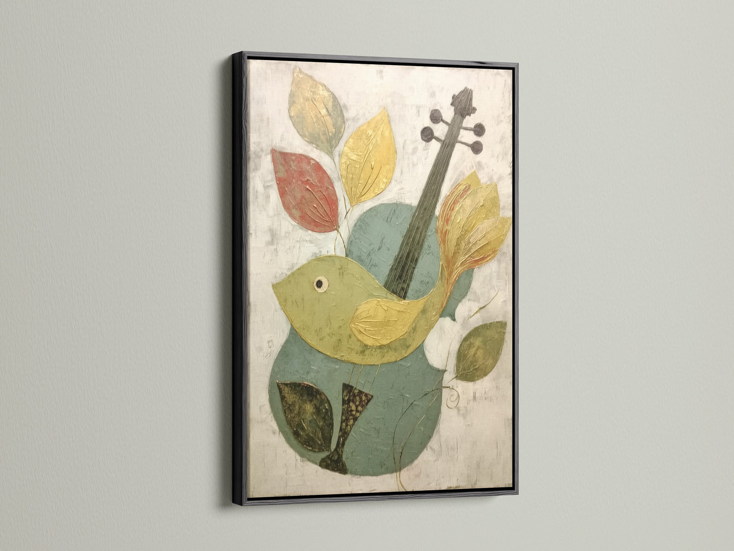 The Bird and Violin Canvas Print is elegantly framed in black. The dark frame creates a striking contrast. It emphasizes the vibrant colors in the artwork. This abstract canvas suits eclectic art styles. Elevate your wall decor.
