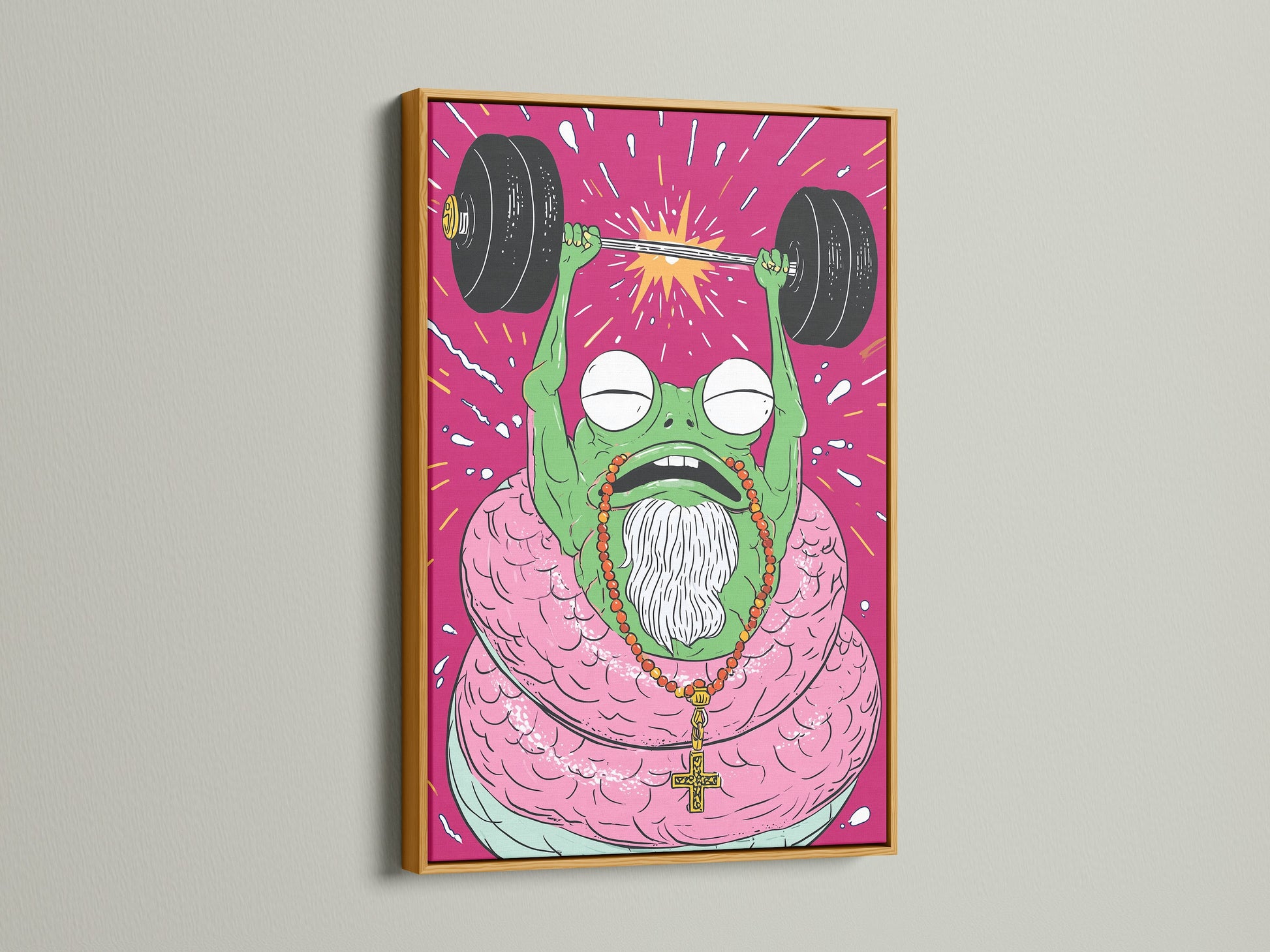 Fitness Frog weightlifting artwork in a gold frame. This quirky motivational poster adds flair. Enhance your home gym decor with fitness wall art. This gold frame will make the colors pop.