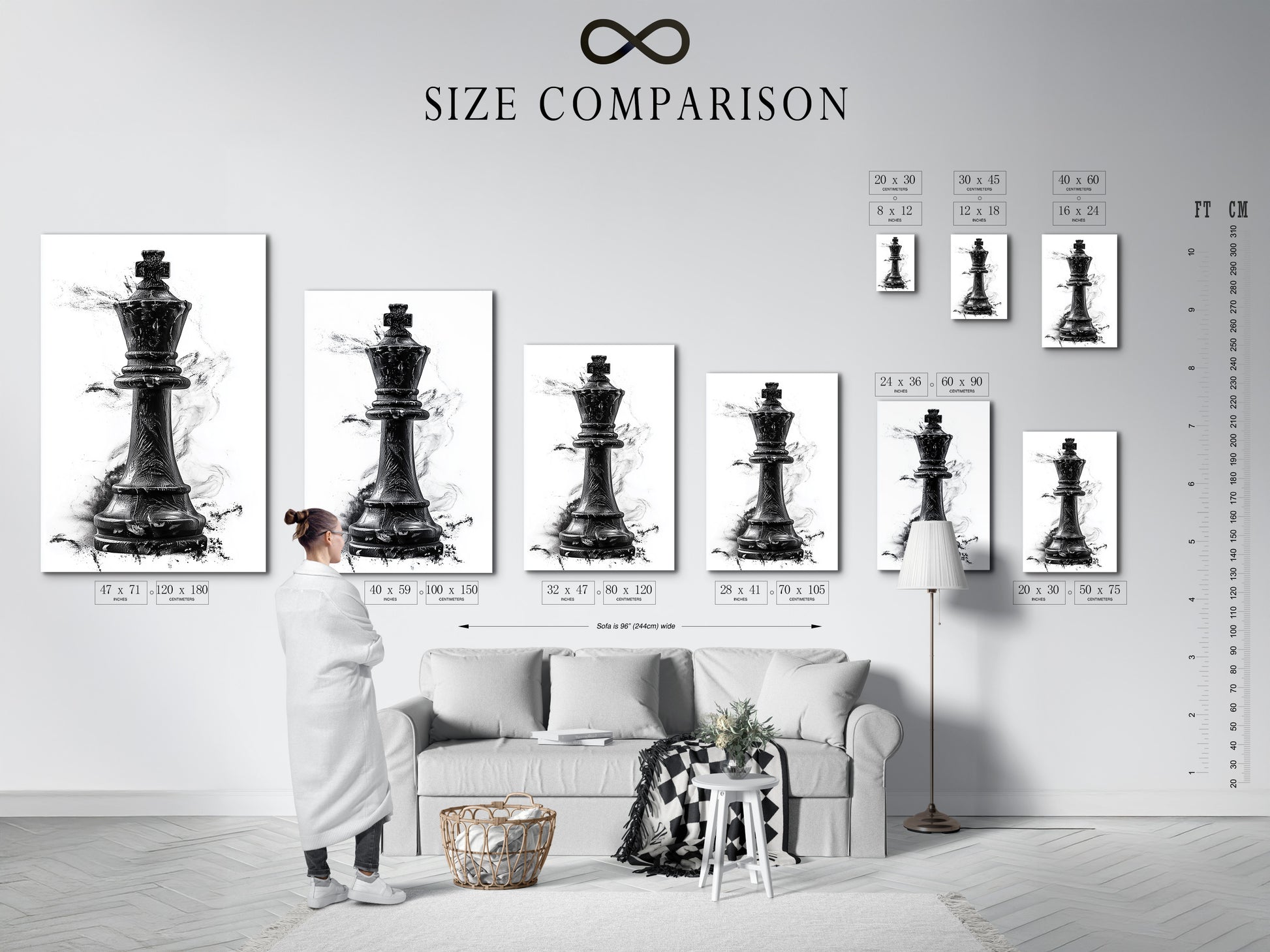A size comparison chart displayed in an interior setting. The chart helps visualize different print sizes. It allows you to choose the perfect dimensions for your space. Find the ideal size for your artwork. Ensure a perfect fit for your walls with our size chart.