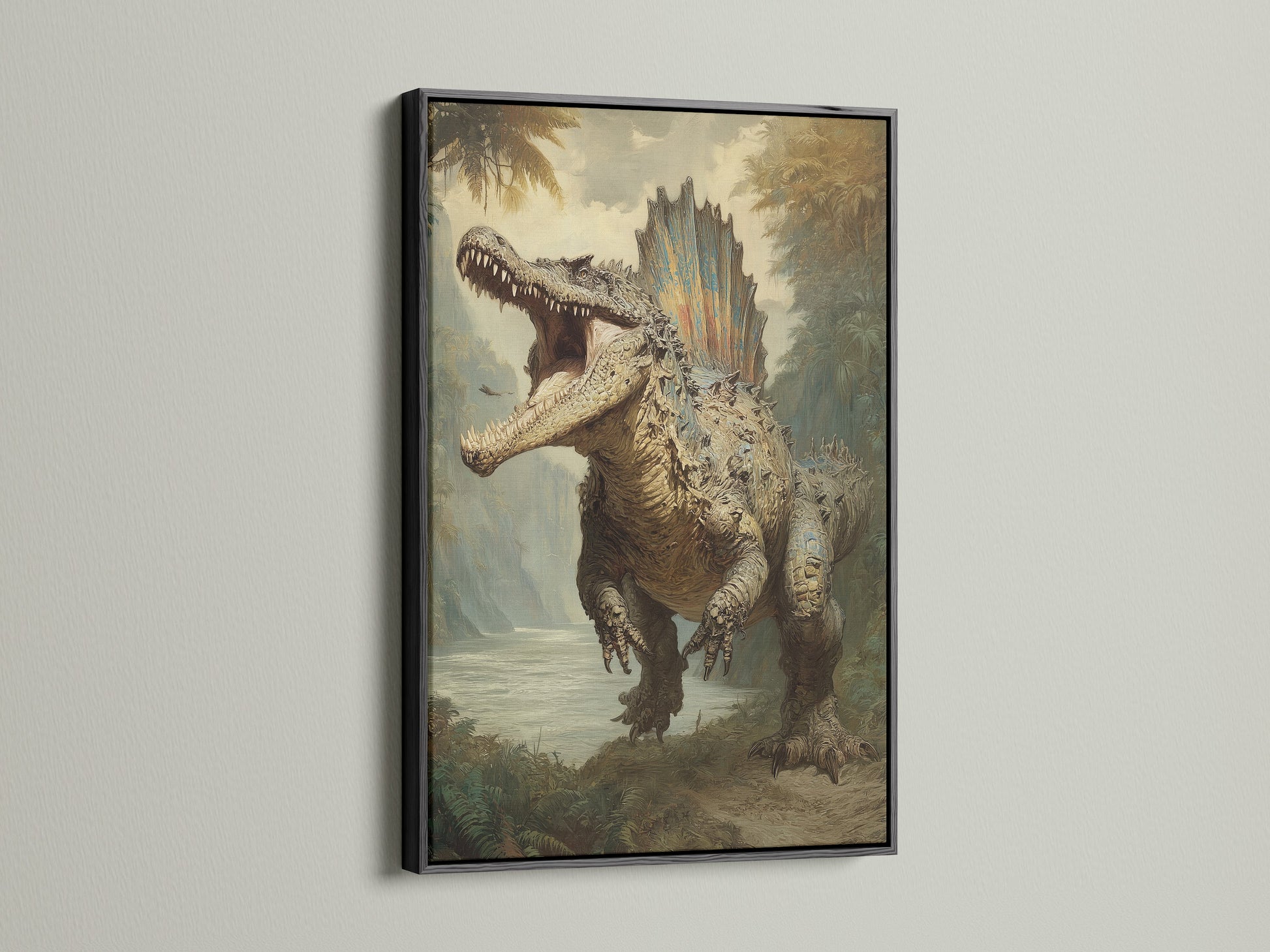 Dinosaur artwork in a black frame. The artwork features a large dinosaur roaring in a prehistoric landscape. The black frame adds a bold dramatic touch. This artwork creates a focal point in any room. A striking addition to your art collection.