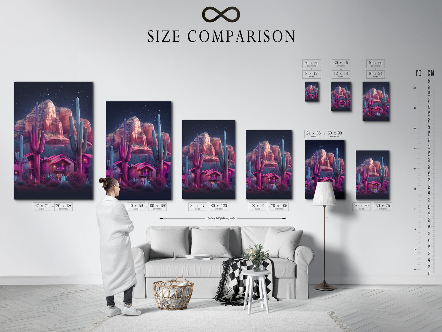 A size comparison chart displayed in an interior setting. The chart showcases various sizes of neon cactus artwork and desert landscape prints. Find the perfect fit for your space. Elevate your home wall decor with this vibrant southwest style.
