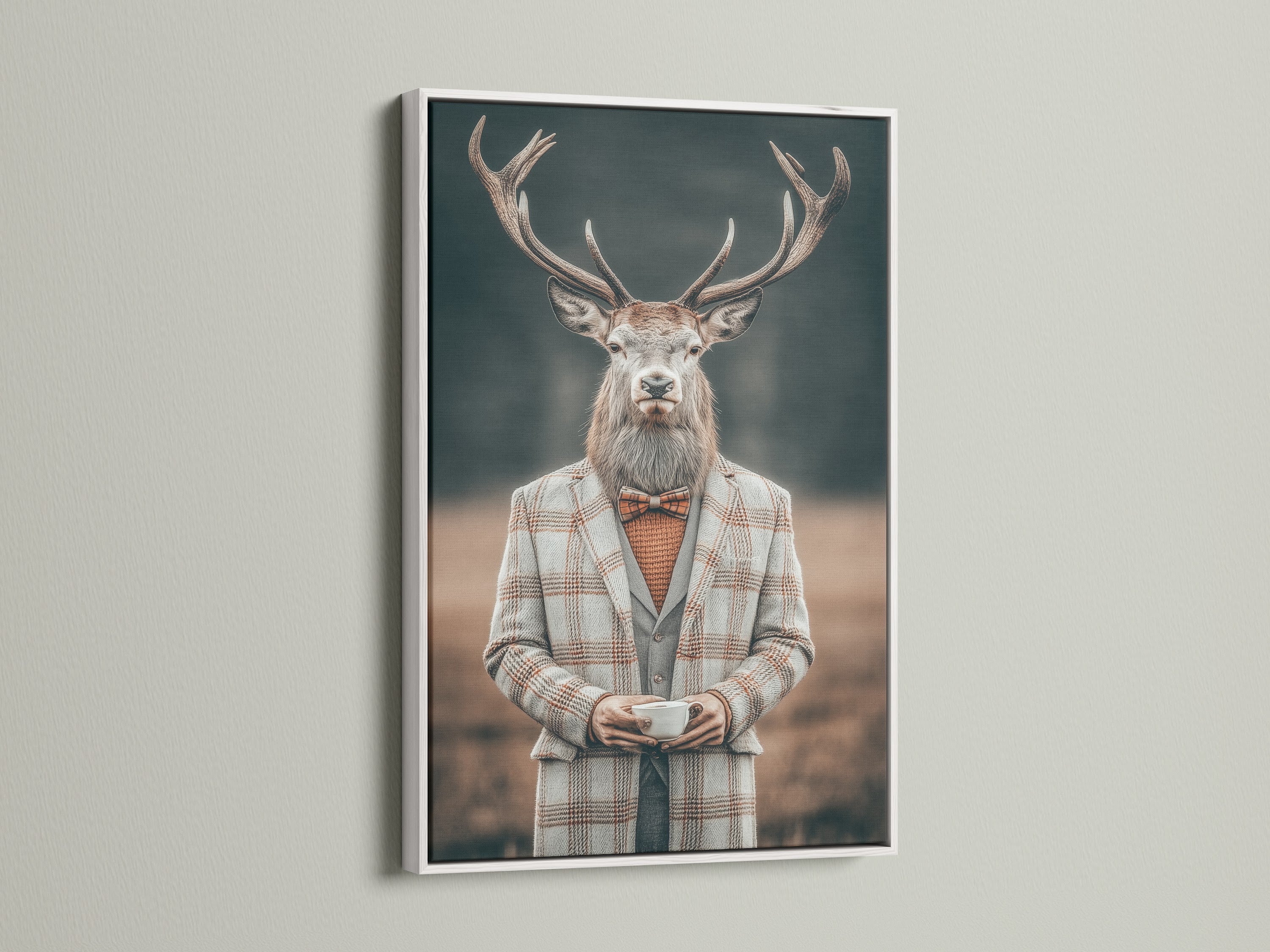 Gentleman Deer art print showcased in a white frame. This vintage animal portrait adds a touch of elegance to any wall. The quirky office decor brings life to your workspace. The anthropomorphic art style is both unique and captivating. It is perfect for homeowners seeking rustic charm.