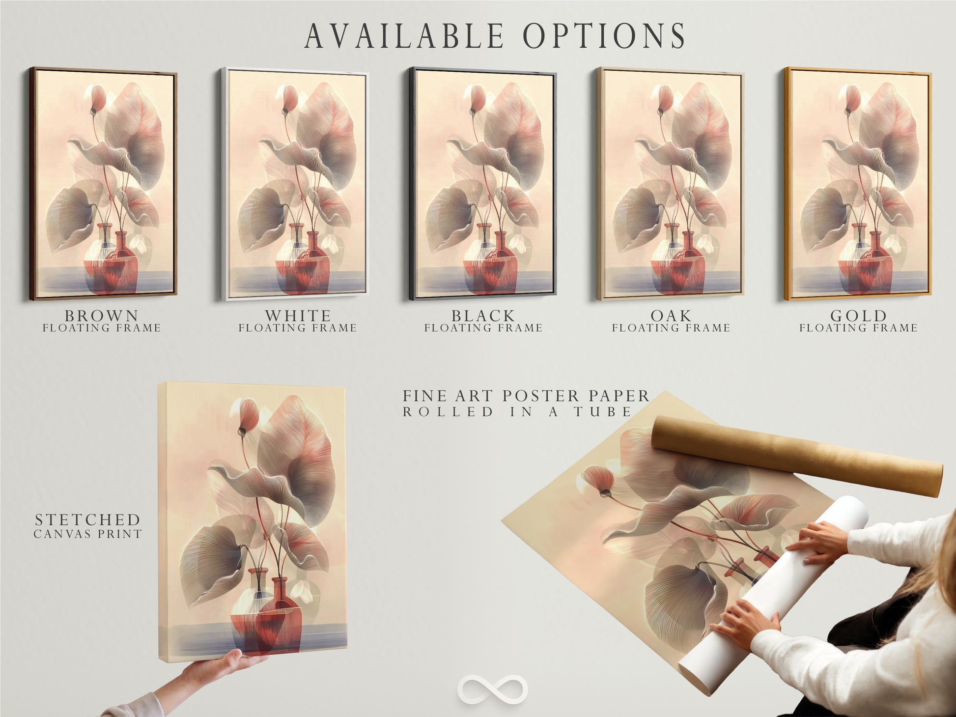 Available options include stretched canvas print fine art poster paper and floating frame. Customize your botanical line art. Select the perfect format for your abstract floral wall art. Enhance your bedroom wall decor with neutral tones. Create minimalist art.