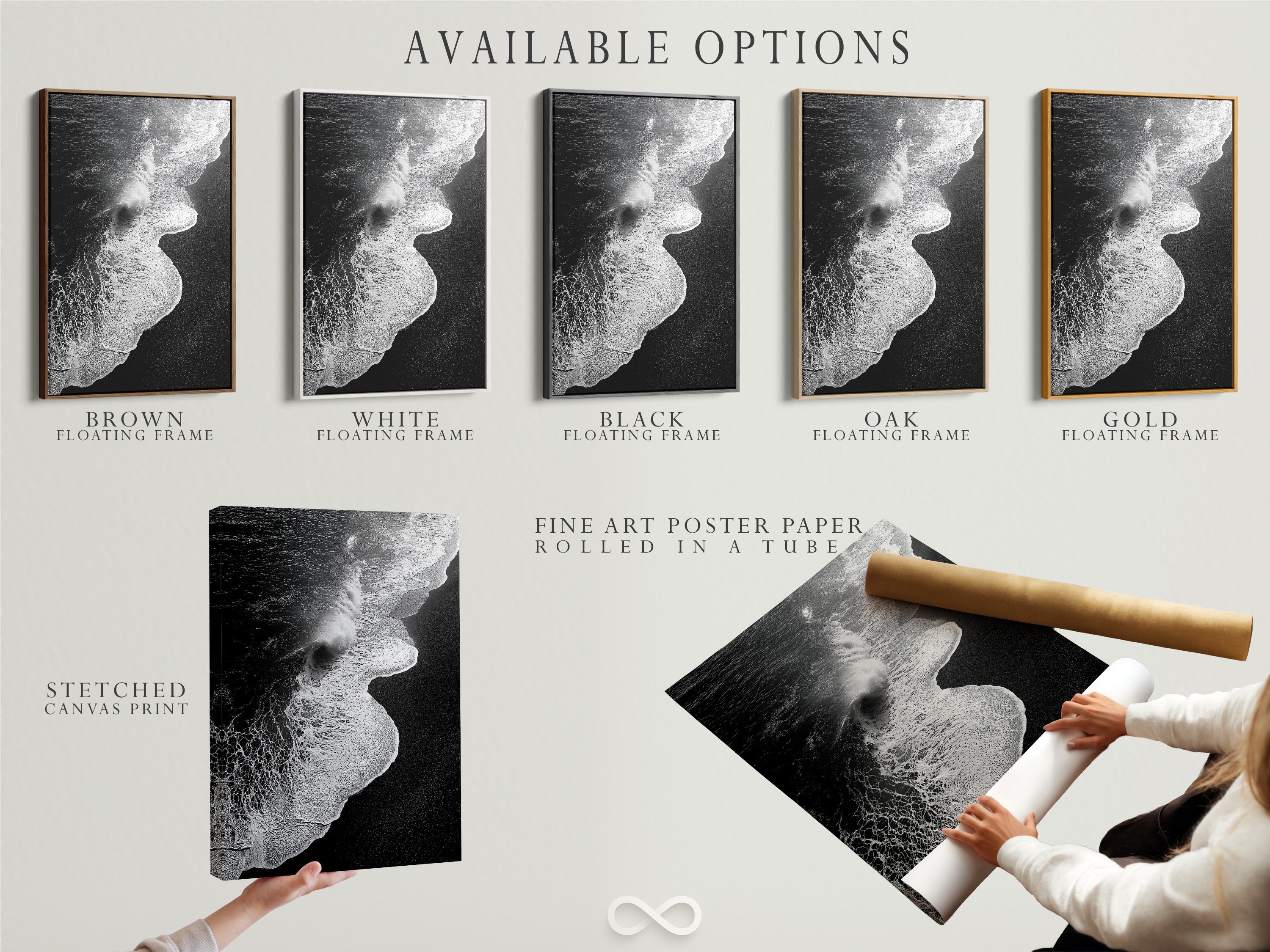 Available options are showcased. Stretched canvas prints fine art poster paper and floating frames. This display highlights the versatility of black and white ocean wave artwork. Perfect for minimalist decor and coastal wall art. Choose the ideal format for your beach canvas print and enhance your space.
