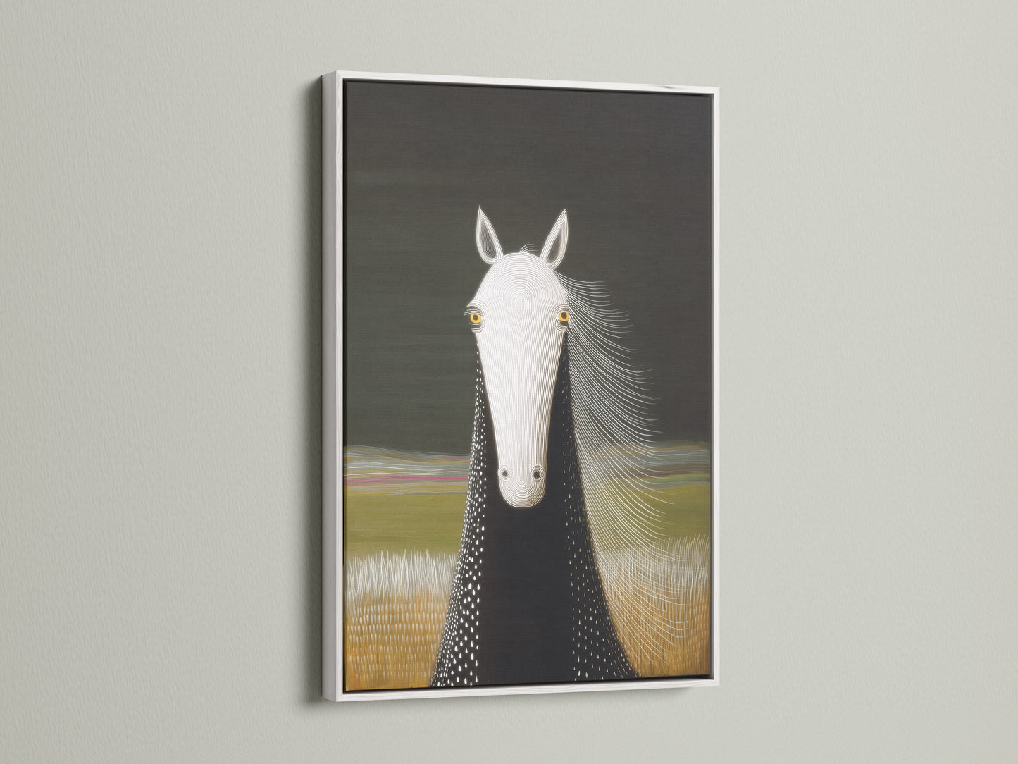 The white frame enhances the horse portrait canvas print. This minimalist print brings modern farmhouse art to any space. Perfect for entryway decor or stable art. This black and white animal portrait will elevate your home.