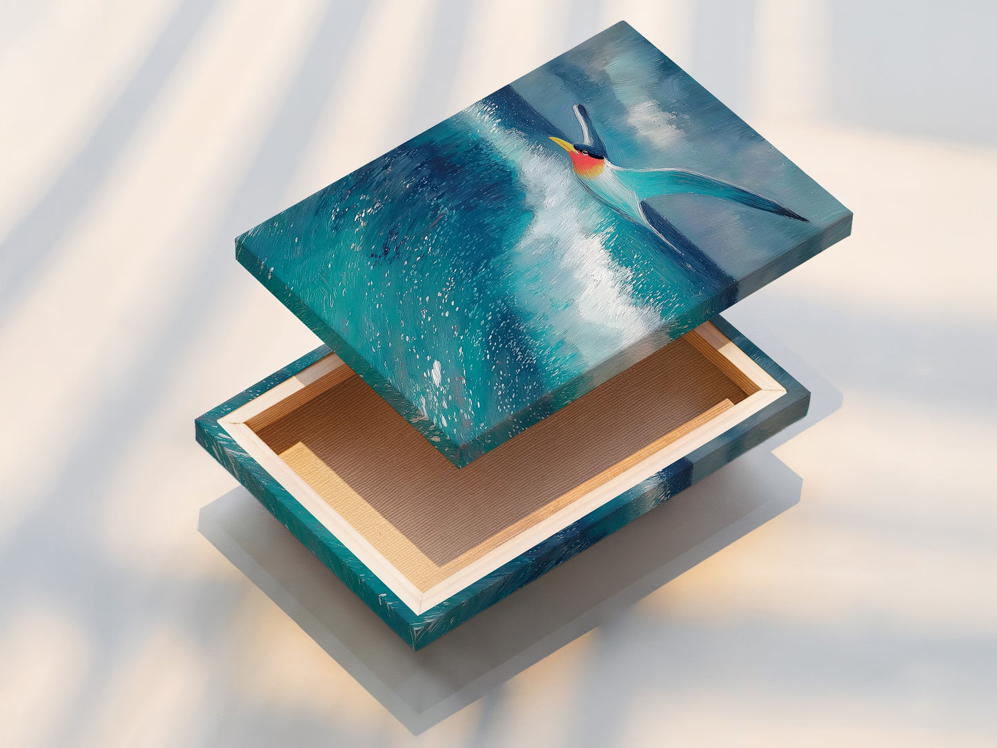 A stretched canvas print of seagull artwork. The coastal wall art is ready to hang. The ocean print will transform your space. This bird canvas is durable and long-lasting. It is stunning.