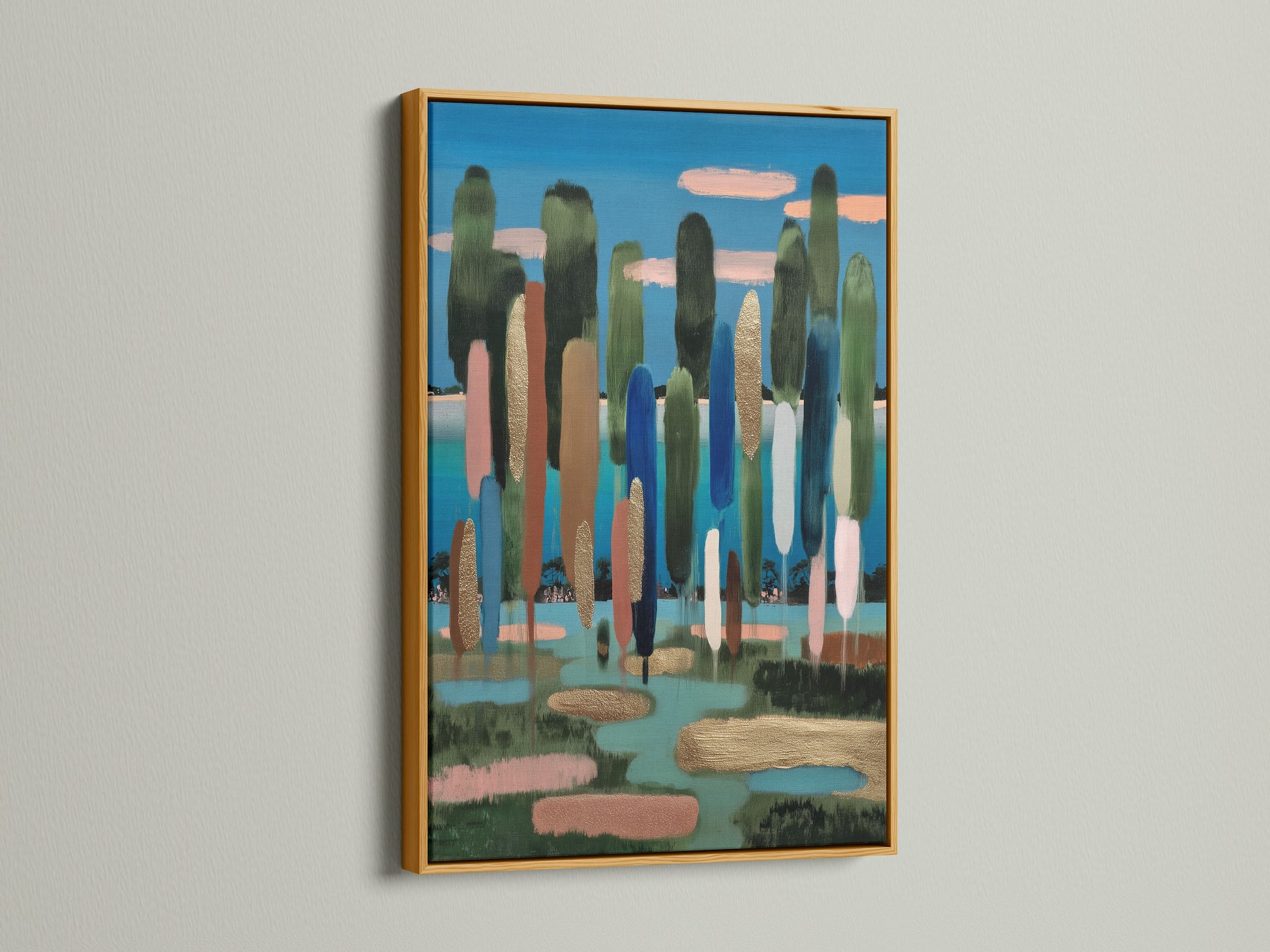 A gold frame adds a touch of luxury to the artwork. The metallic sheen enhances the art. This frame is perfect for making a statement. The artwork features a modern abstract pattern with an array of colors.