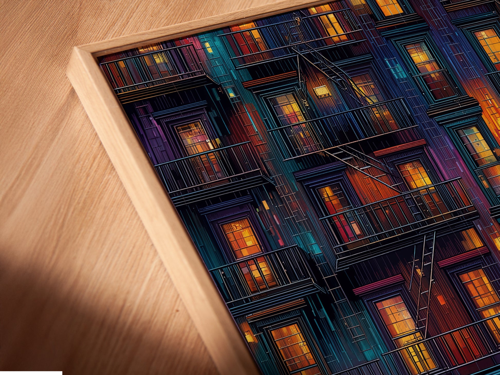 Angled close up of a Cityscape at Night canvas print in a floating frame. The artwork features urban neon lights. The modern city reflects vividly. Perfect for modern home decor.