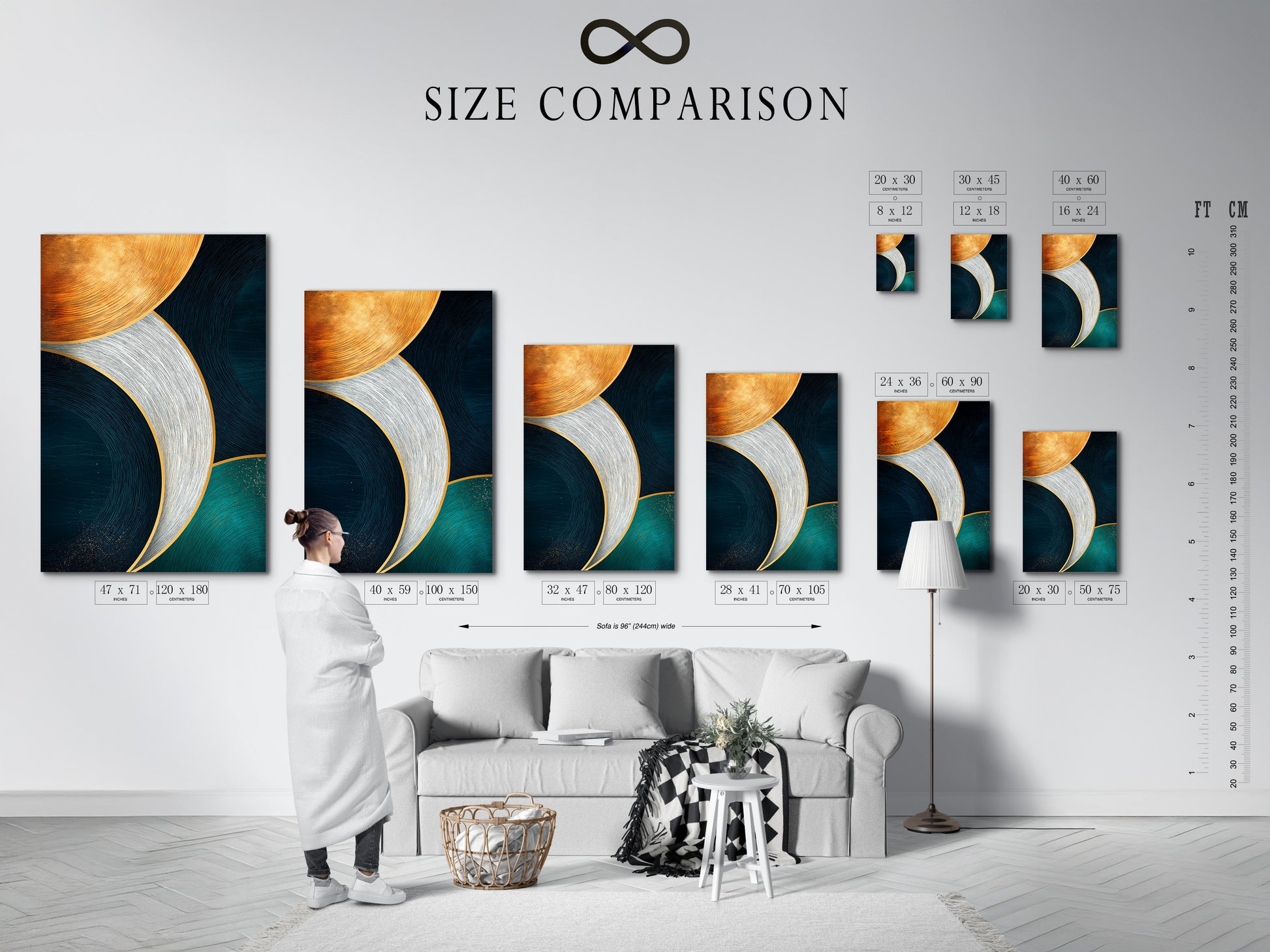 A size comparison chart is displayed in an interior setting. Showcasing various dimensions for abstract geometric artwork. The artwork features teal navy and gold curved lines. Helping homeowners and interior designers visualize the perfect fit for their modern wall art needs.