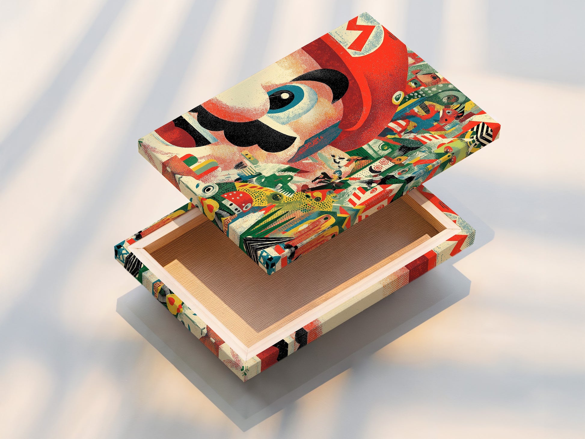 This stretched canvas print is ready to hang. The Mario collage art print is stretched perfectly. This retro gaming wall art adds instant style to your space. Perfect for your game room decor or man cave.