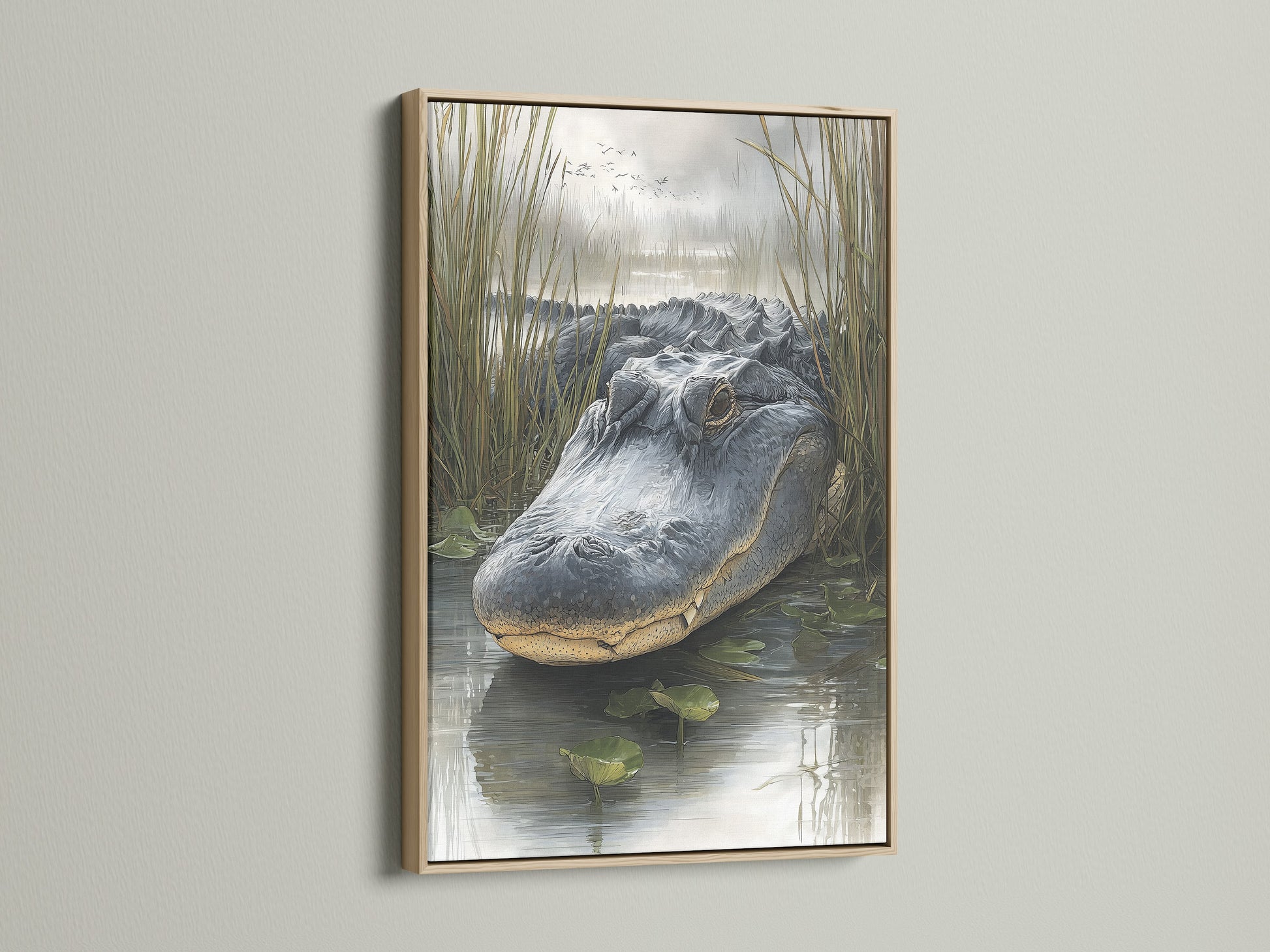 Artwork featuring an alligator in an oak frame. This frame adds a natural touch to the artwork. The oak frame enhances the alligator artwork. Perfect for nature-themed decor.