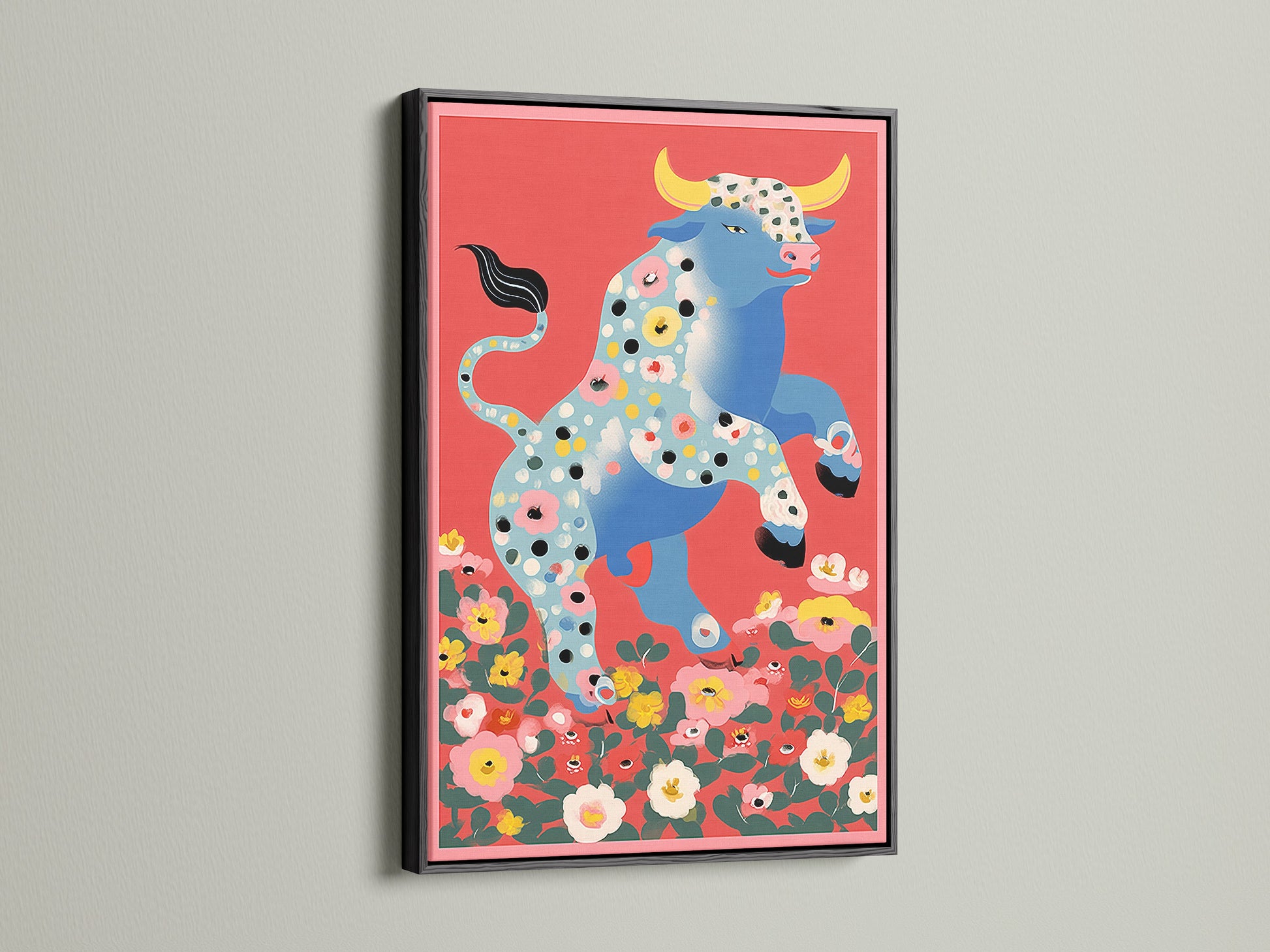Floral Bull artwork in a black frame. This animal artwork brings an eclectic touch to studios and boutiques. The black frame provides a modern contrast to the folk art print. The flower bull is set against a colorful backdrop. Great for adding character to creative spaces.