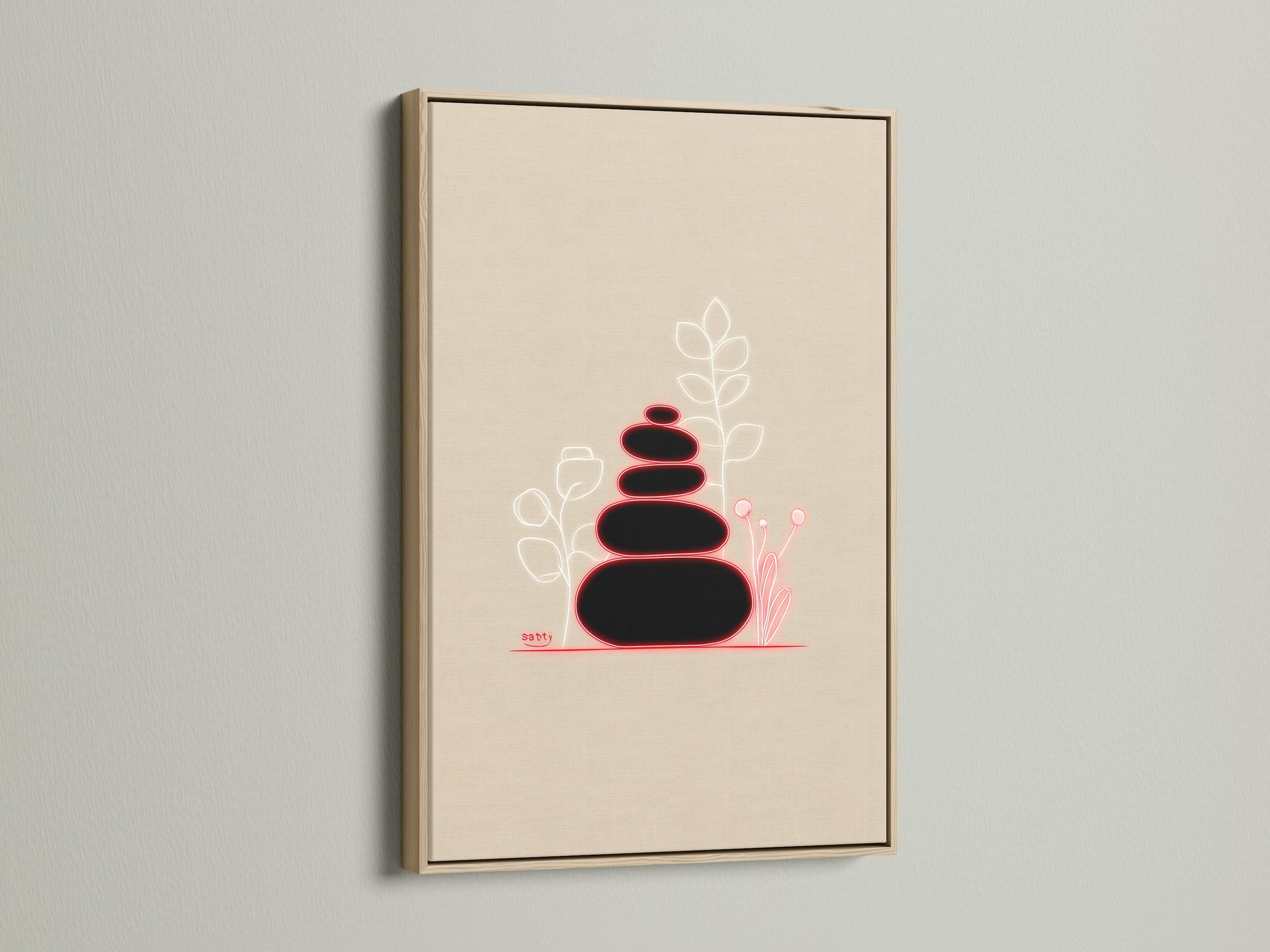 Zen Stones artwork in an oak frame. This beige minimalist wall art brings a spa decor feel to any bathroom. The calming print adds a touch of minimalist art to your space.  Perfect for creating a zen atmosphere.