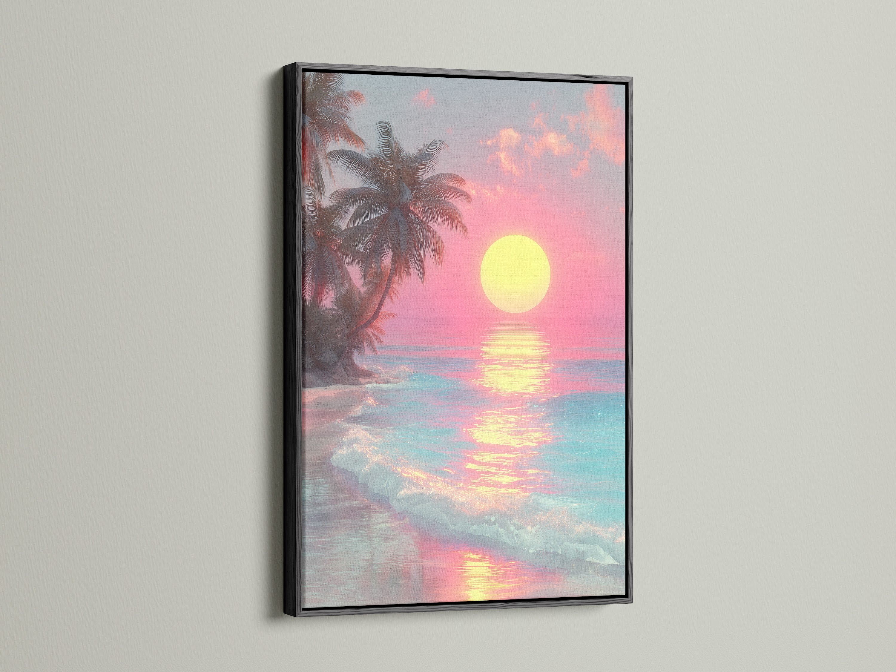 Black framed artwork featuring a tropical sunset. A vivid beach scene is depicted. The dark frame accentuates the colors of the artwork. This framed artwork is a stylish addition to your home decor.