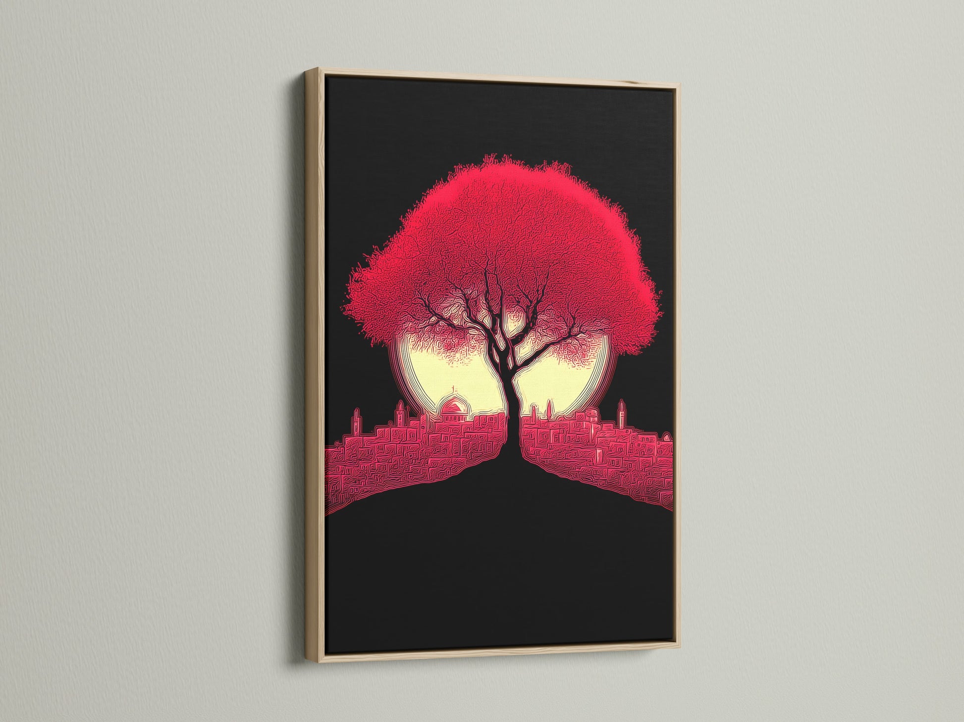 Crimson Tree art in an oak frame. The red cityscape wall art is a modern silhouette. The artwork enhances living rooms bedrooms and offices. This tree of life art brings urban landscape vibes. A perfect contemporary print.