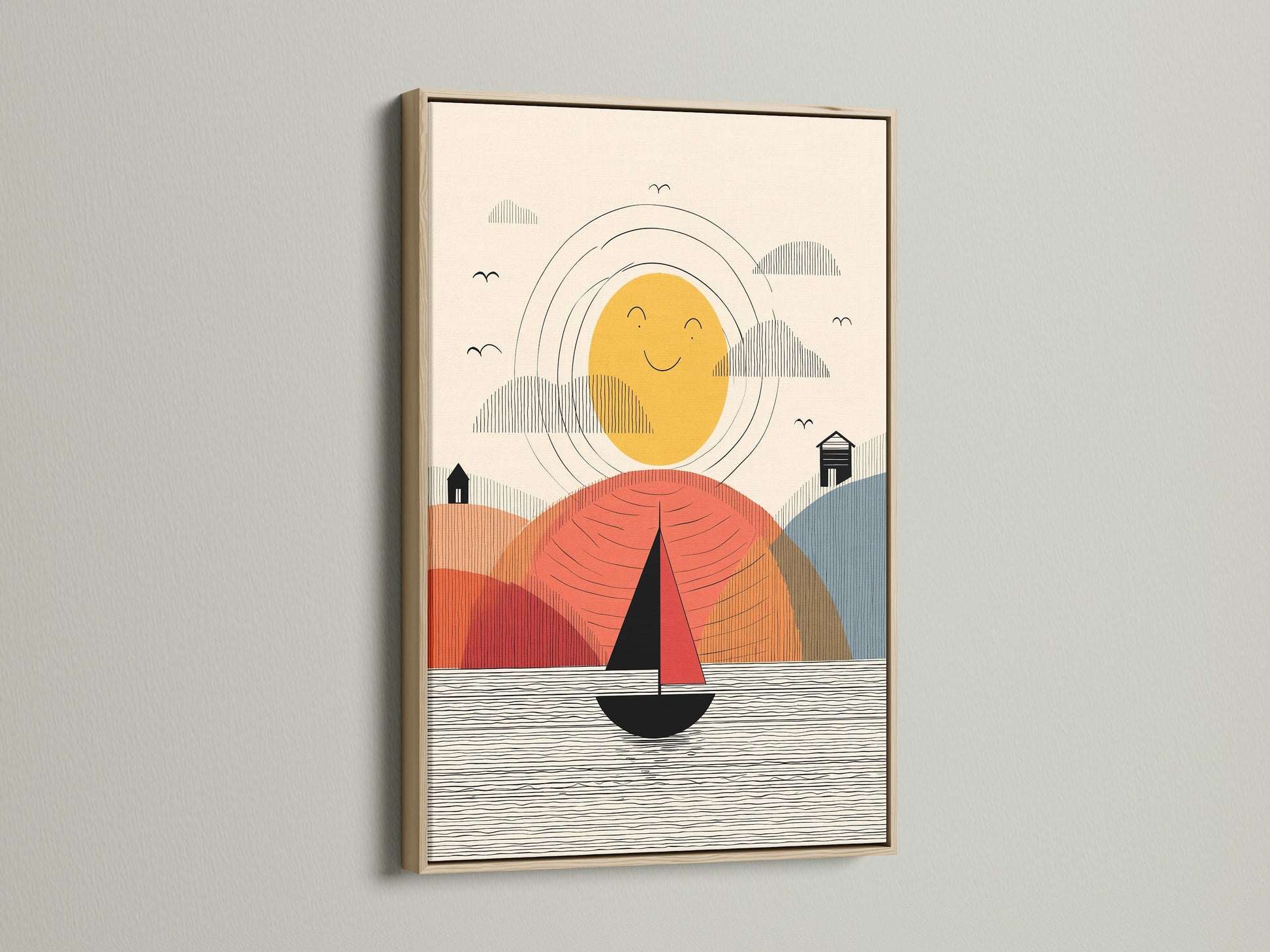 Sailboat Coastal Canvas in Oak Frame. The abstract sailboat artwork is perfect for Scandinavian or coastal styles. The oak frame enhances the modern artwork. Ideal for living rooms bedrooms and offices.