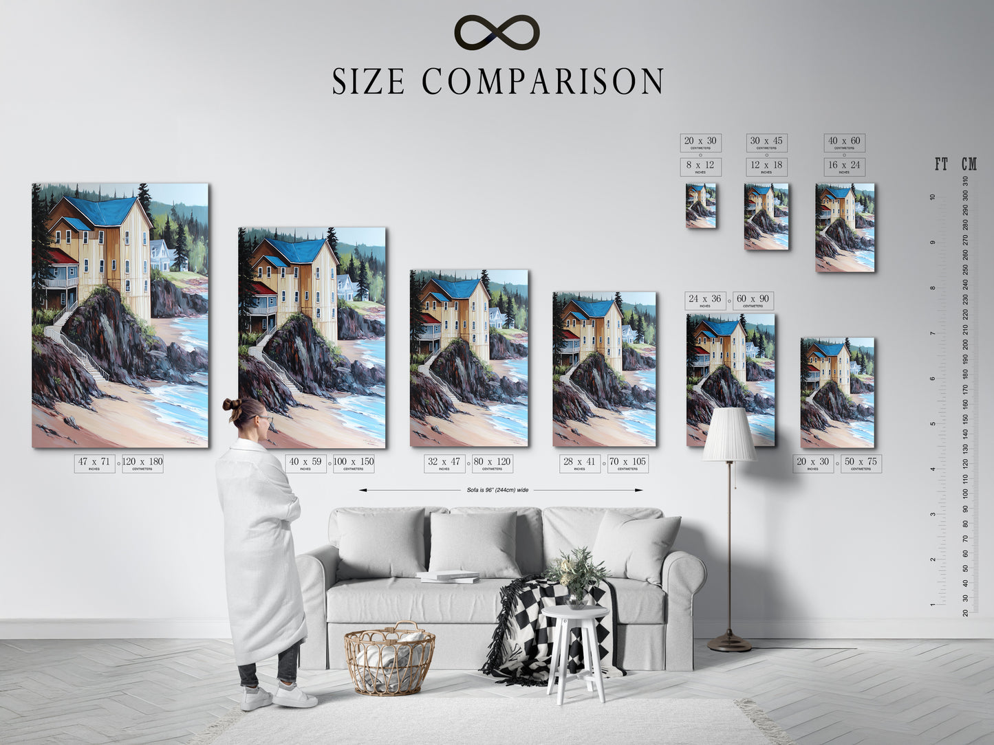 Size comparison chart for coastal artwork in an interior setting. Visualize the perfect fit for your nautical wall art. See how different sizes enhance your beach house decor. This chart helps you choose the ideal lake house art. Find the perfect scale for your coastal style artwork.