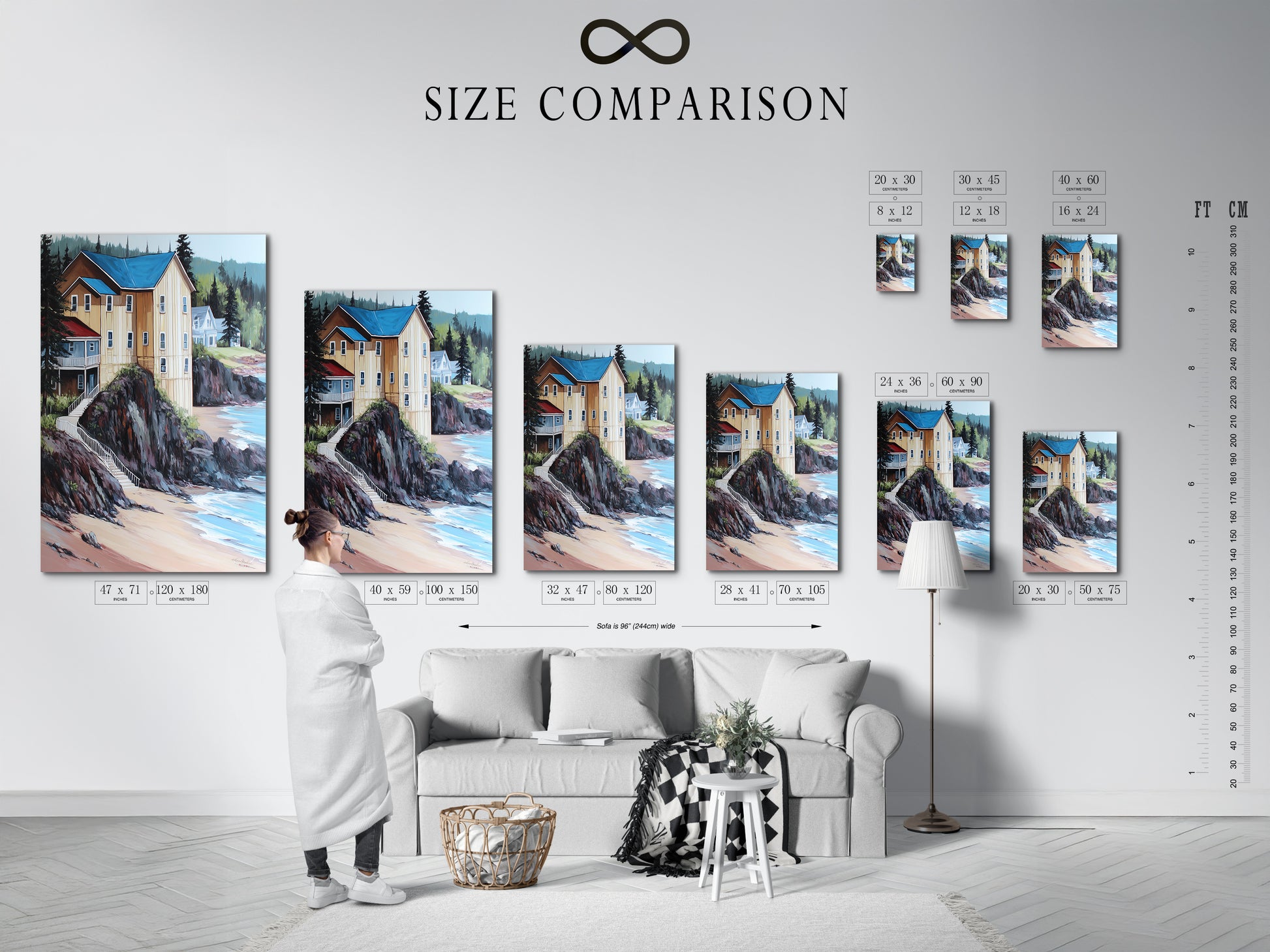 Size comparison chart for coastal artwork in an interior setting. Visualize the perfect fit for your nautical wall art. See how different sizes enhance your beach house decor. This chart helps you choose the ideal lake house art. Find the perfect scale for your coastal style artwork.