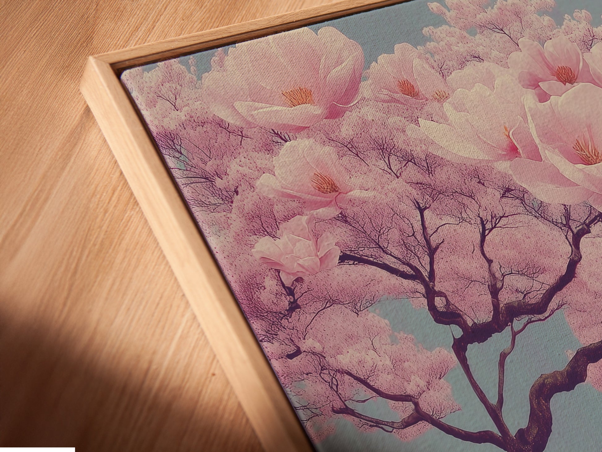 A close-up angled view of a canvas print in a floating frame. The cherry blossom tree artwork is beautifully displayed. The pink sakura wall art enhances any room. This Japanese garden canvas print brings nature indoors. Perfect for minimalist and modern styles it's great as living room wall art.