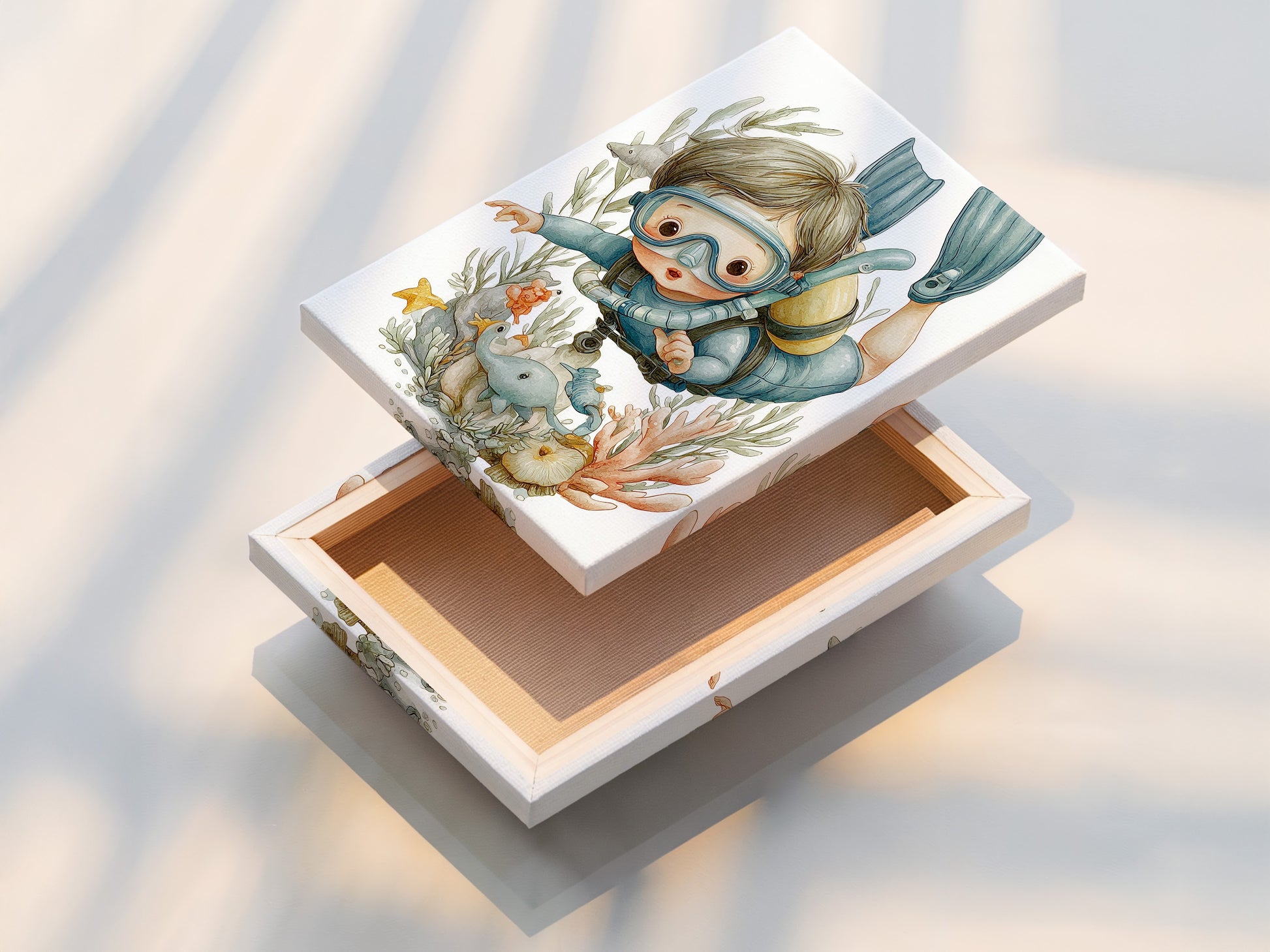 This is a stretched canvas print of the scuba diving kids art. The canvas texture enhances the underwater scene. It is ready to hang. The stretched canvas provides a gallery-quality look. Perfect for adding a splash of ocean-themed charm to any wall.