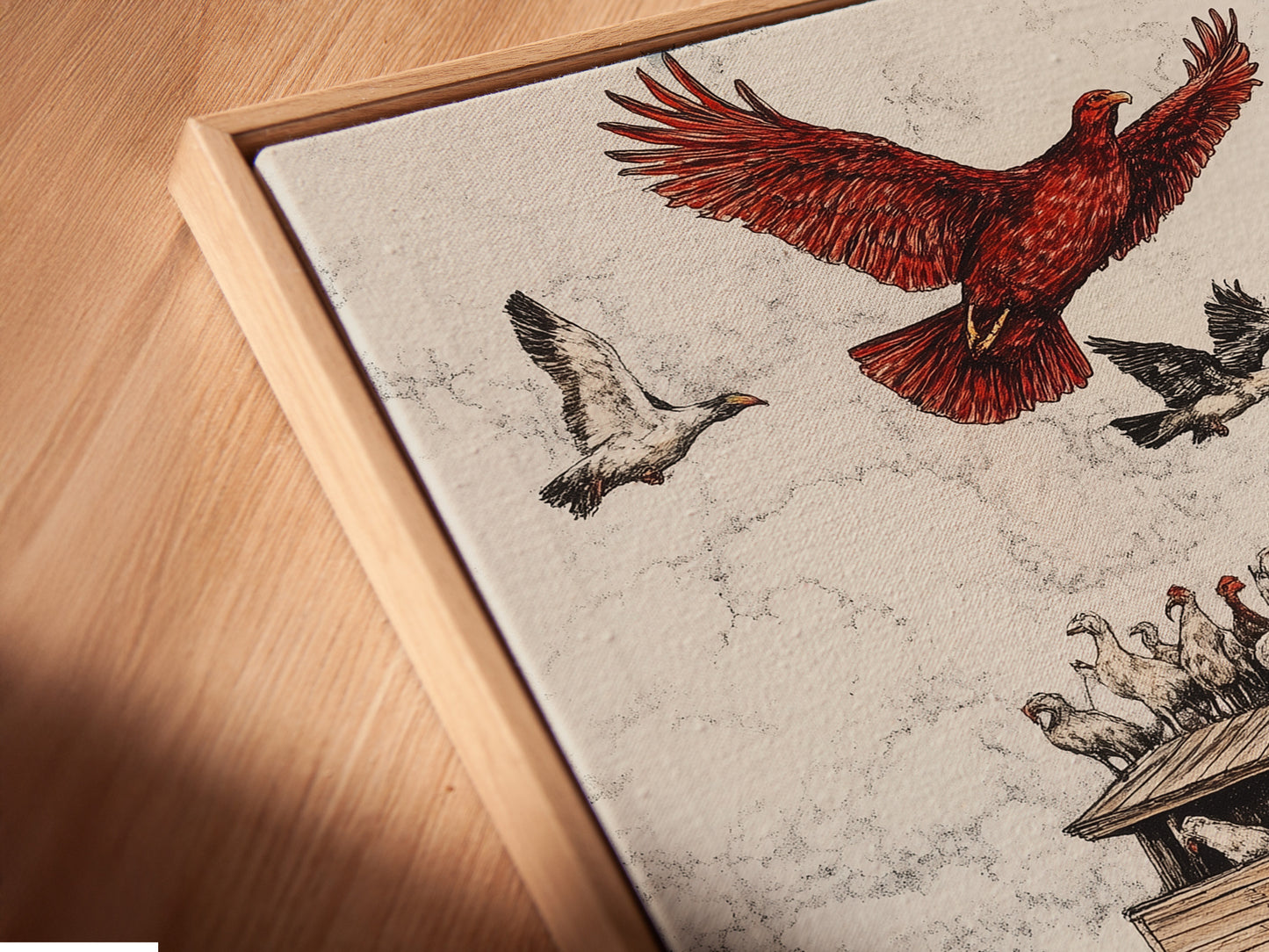 A close-up angled view of a canvas print in a floating frame. The floating frame gives the artwork a sophisticated look. The canvas print appears to float within the frame. This adds depth to the piece.